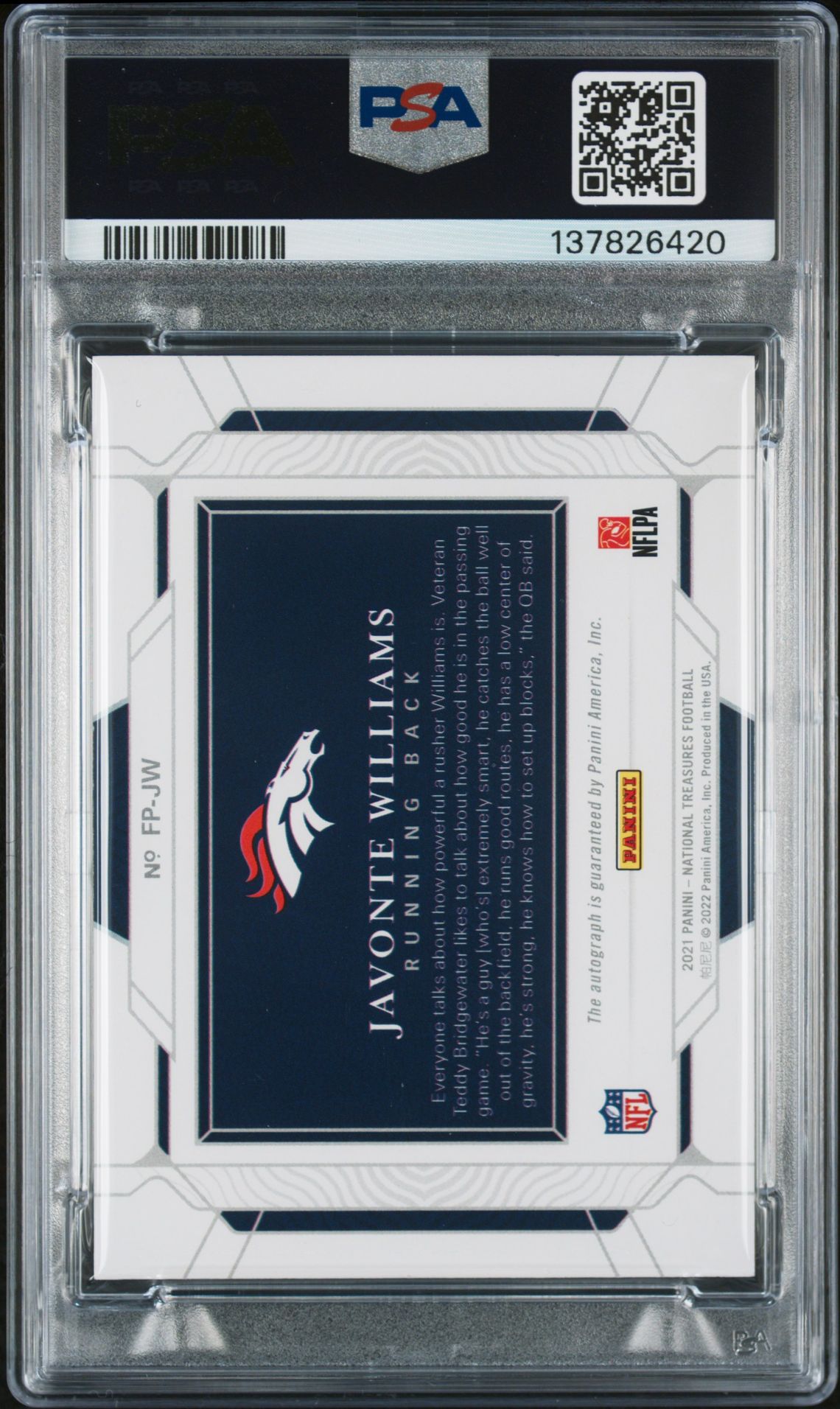 2021 Panini National Treasures Rookie Signatures Field Pass Javonte Williams #Fpjw (Rk.sig.fld.pass-Gold) N0: Authentic back