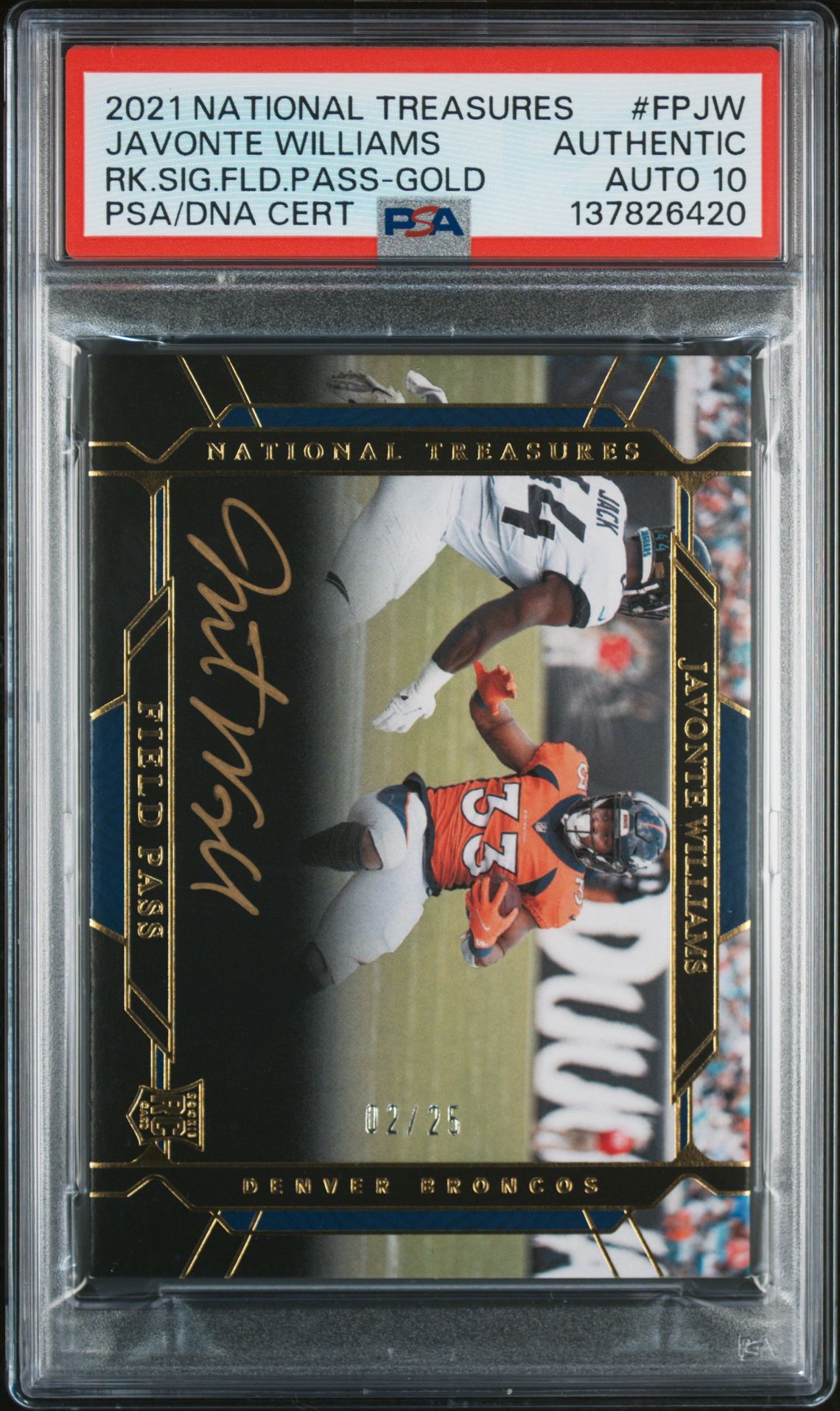 2021 Panini National Treasures Rookie Signatures Field Pass Javonte Williams #Fpjw (Rk.sig.fld.pass-Gold) N0: Authentic front