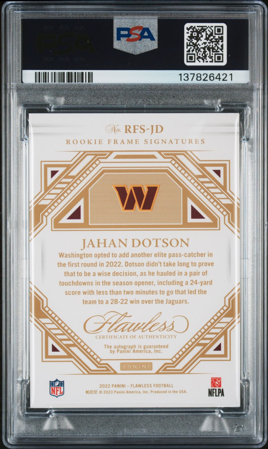2022 Panini Flawless Rookie Frame Signatures Jahan Dotson #Rfsjd N0: Authentic back