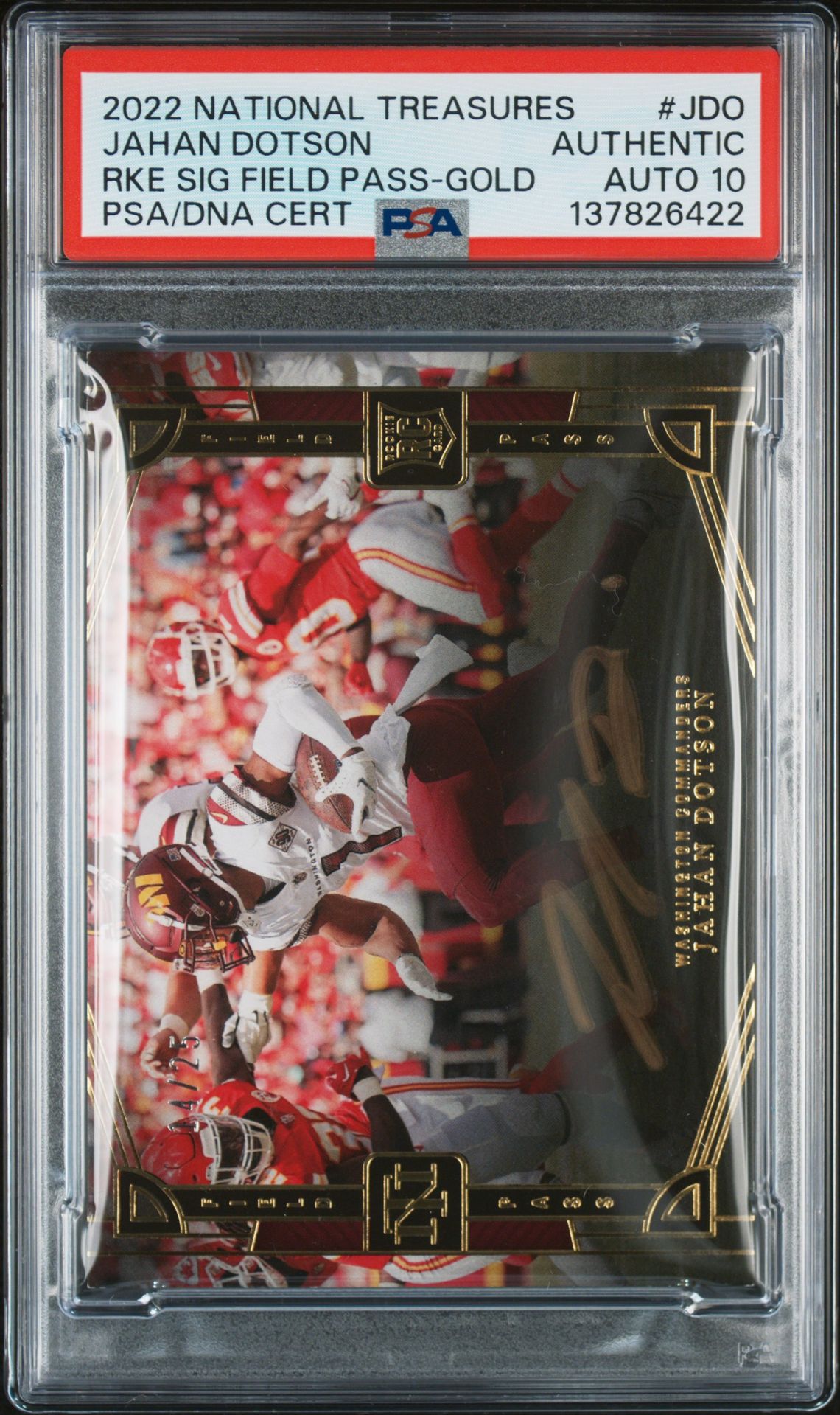 2022 Panini National Treasures Rookie Signature Field Pass Jahan Dotson #Jdo (Rke Sig Field Pass-Gold) N0: Authentic front