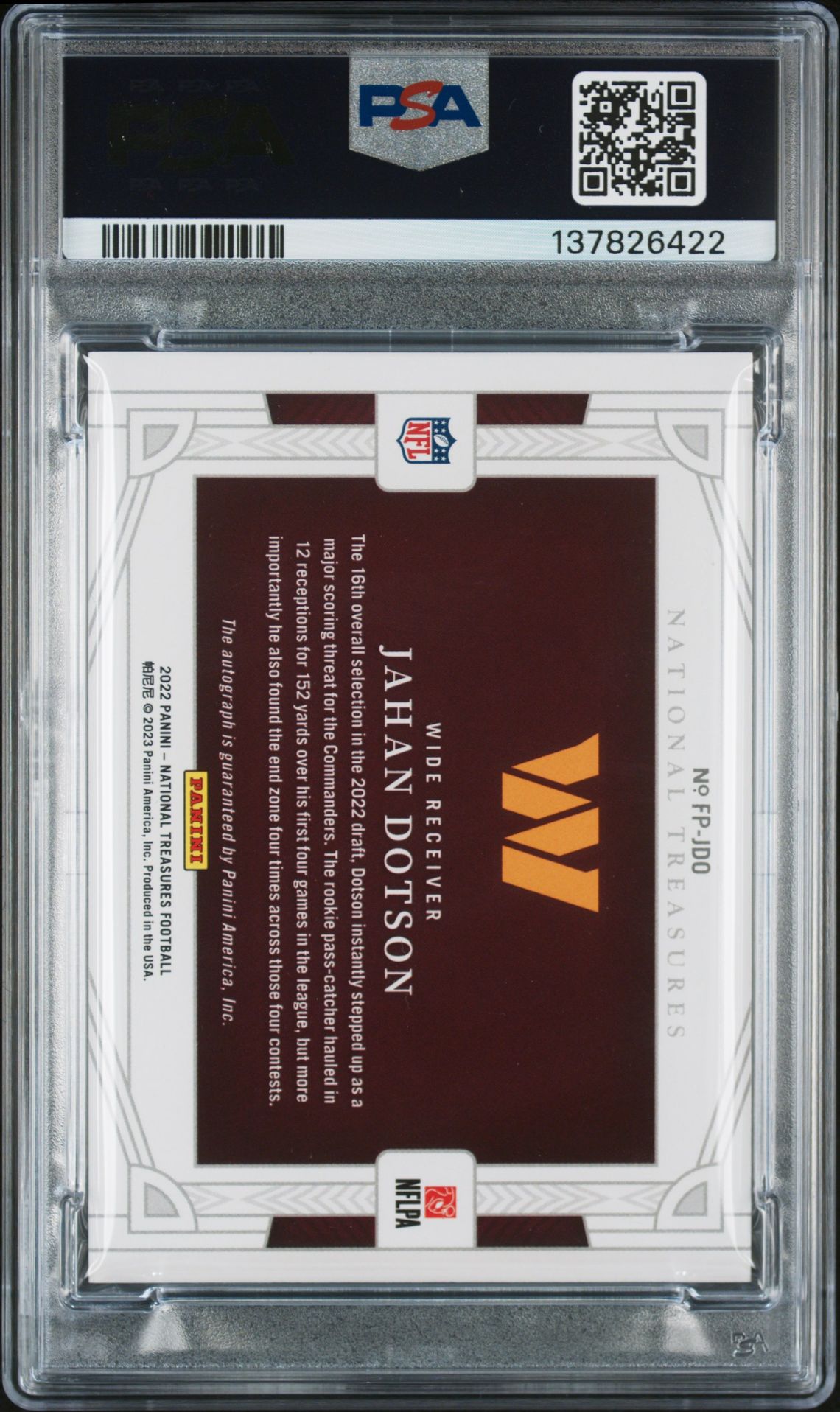 2022 Panini National Treasures Rookie Signature Field Pass Jahan Dotson #Jdo (Rke Sig Field Pass-Gold) N0: Authentic back