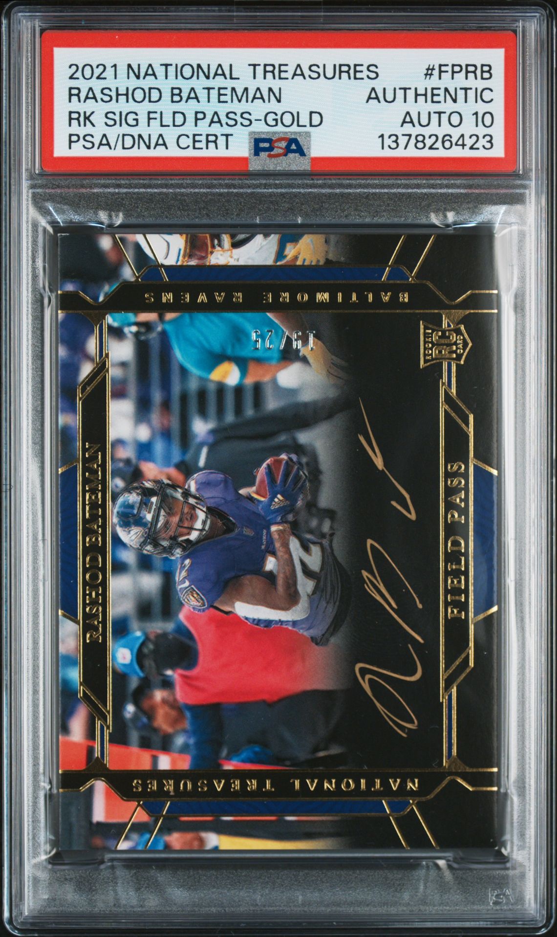 2021 Panini National Treasures Rookie Signatures Field Pass Rashod Bateman #Fprb (Rk Sig Fld Pass-Gold) N0: Authentic front