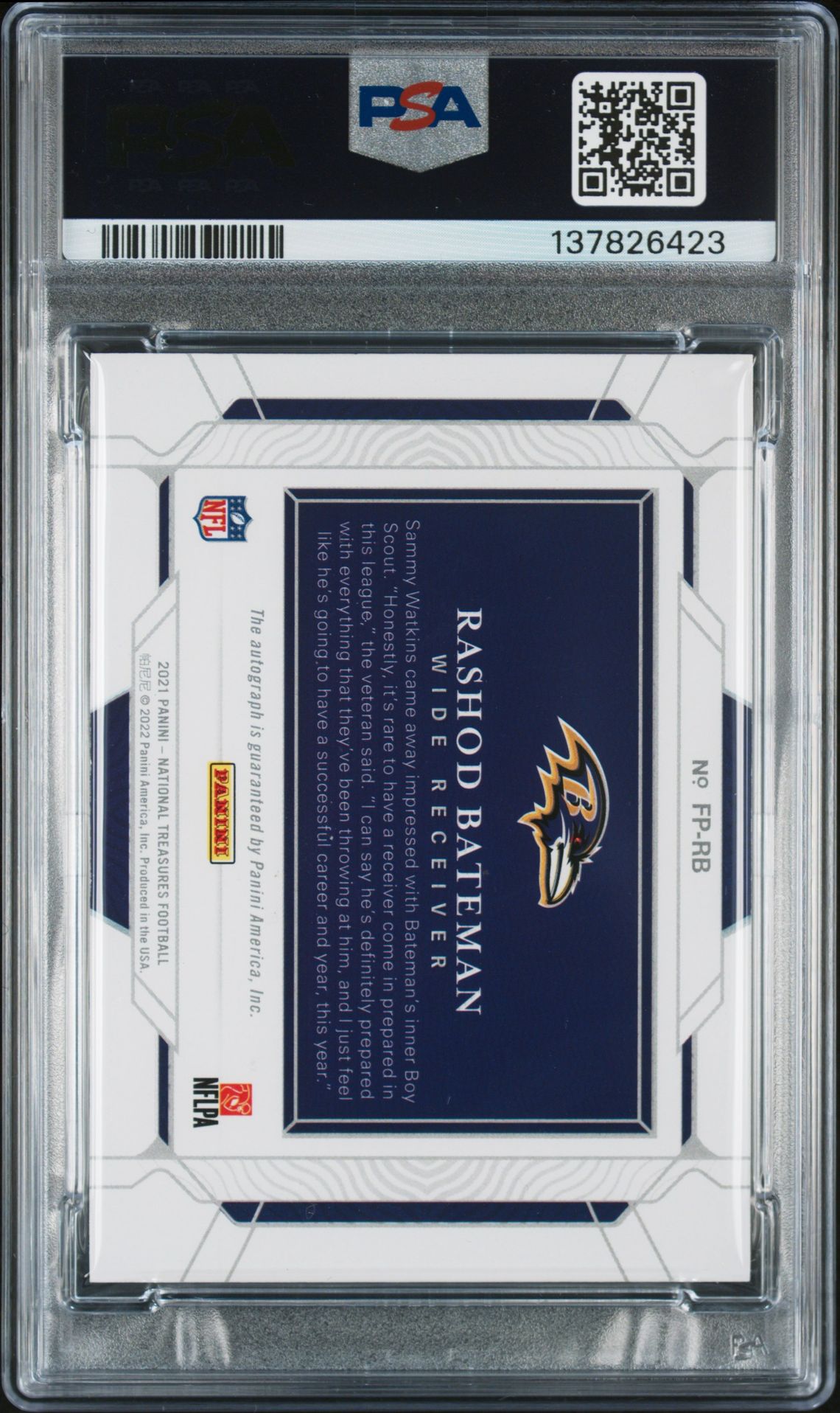 2021 Panini National Treasures Rookie Signatures Field Pass Rashod Bateman #Fprb (Rk Sig Fld Pass-Gold) N0: Authentic back