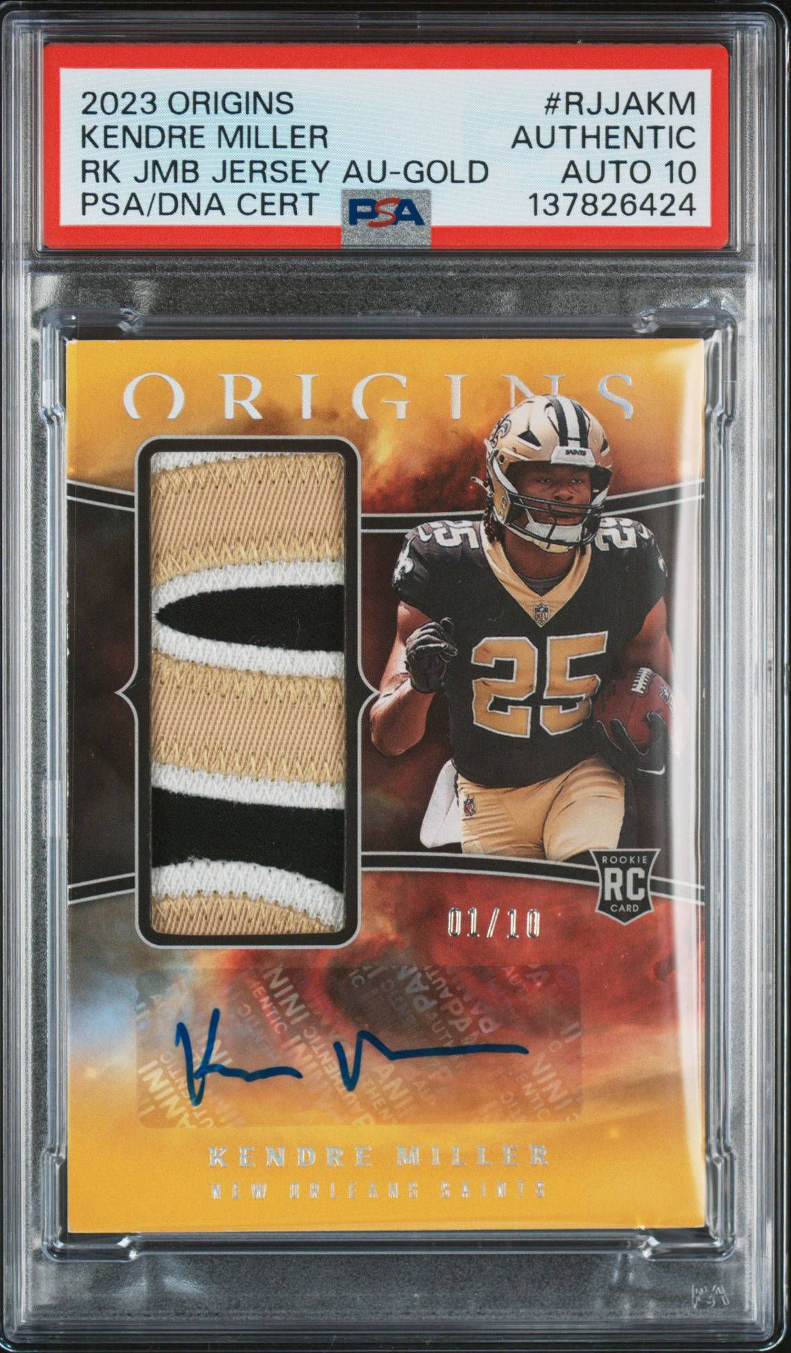 2023 Panini Origins Rookie Jumbo Jersey Autographs Kendre Miller #Rjjakm (Rk Jmb Jersey Au-Gold) N0: Authentic front