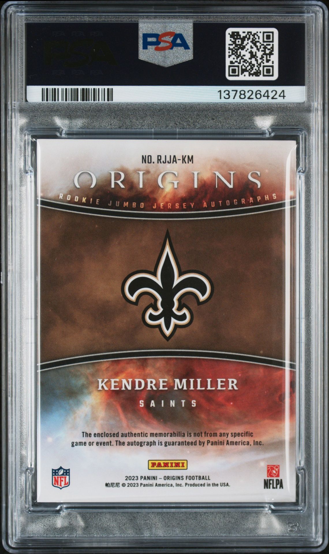 2023 Panini Origins Rookie Jumbo Jersey Autographs Kendre Miller #Rjjakm (Rk Jmb Jersey Au-Gold) N0: Authentic back