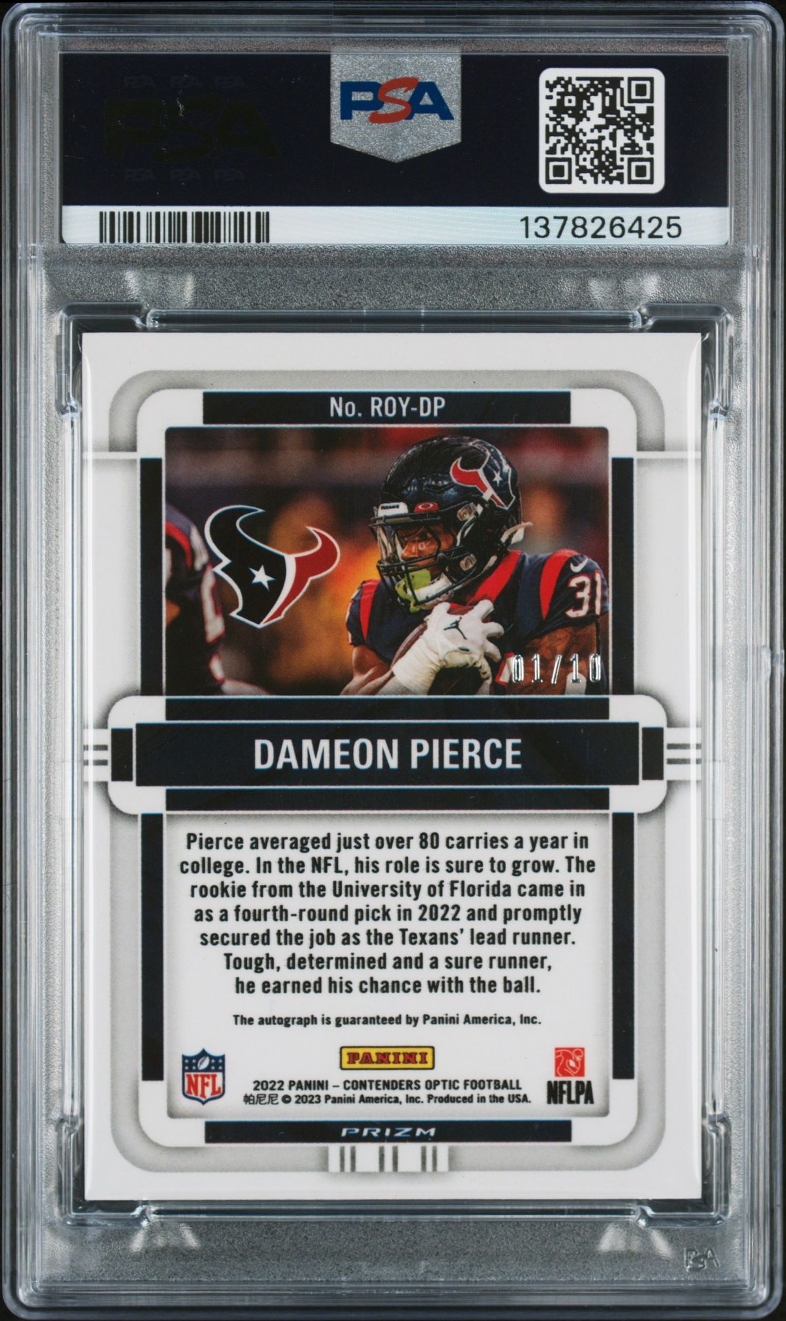 2022 Panini Contenders Optic Rookie Of The Year Contenders Autographs Dameon Pierce #Roydp (Rk Of The Year Au-Gold) N0: Authentic back