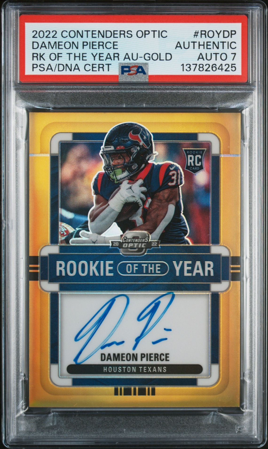 2022 Panini Contenders Optic Rookie Of The Year Contenders Autographs Dameon Pierce #Roydp (Rk Of The Year Au-Gold) N0: Authentic front