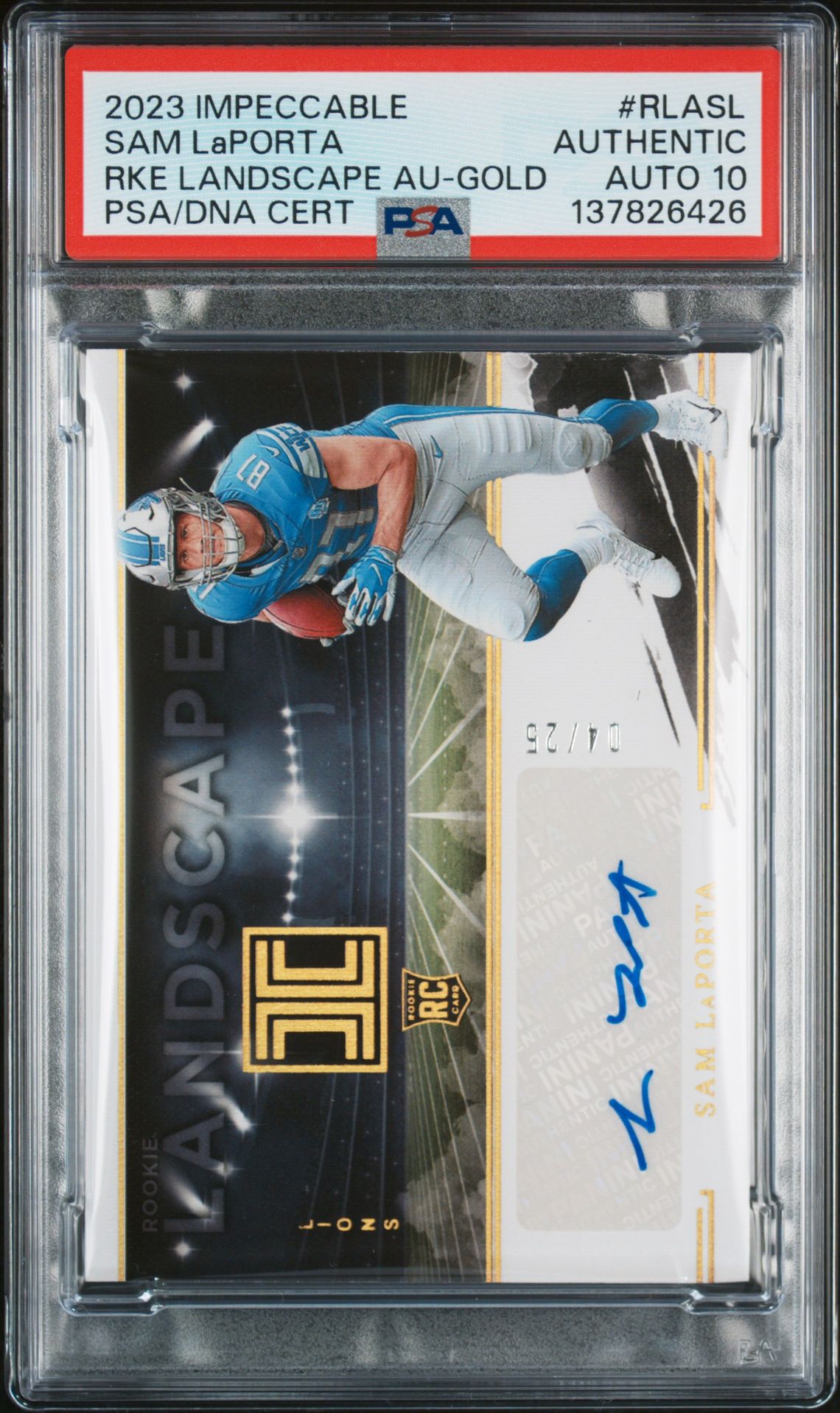 2023 Panini Impeccable Rookie Landscape Autographs Sam Laporta #Rlasl (Rke Landscape Au-Gold) N0: Authentic front