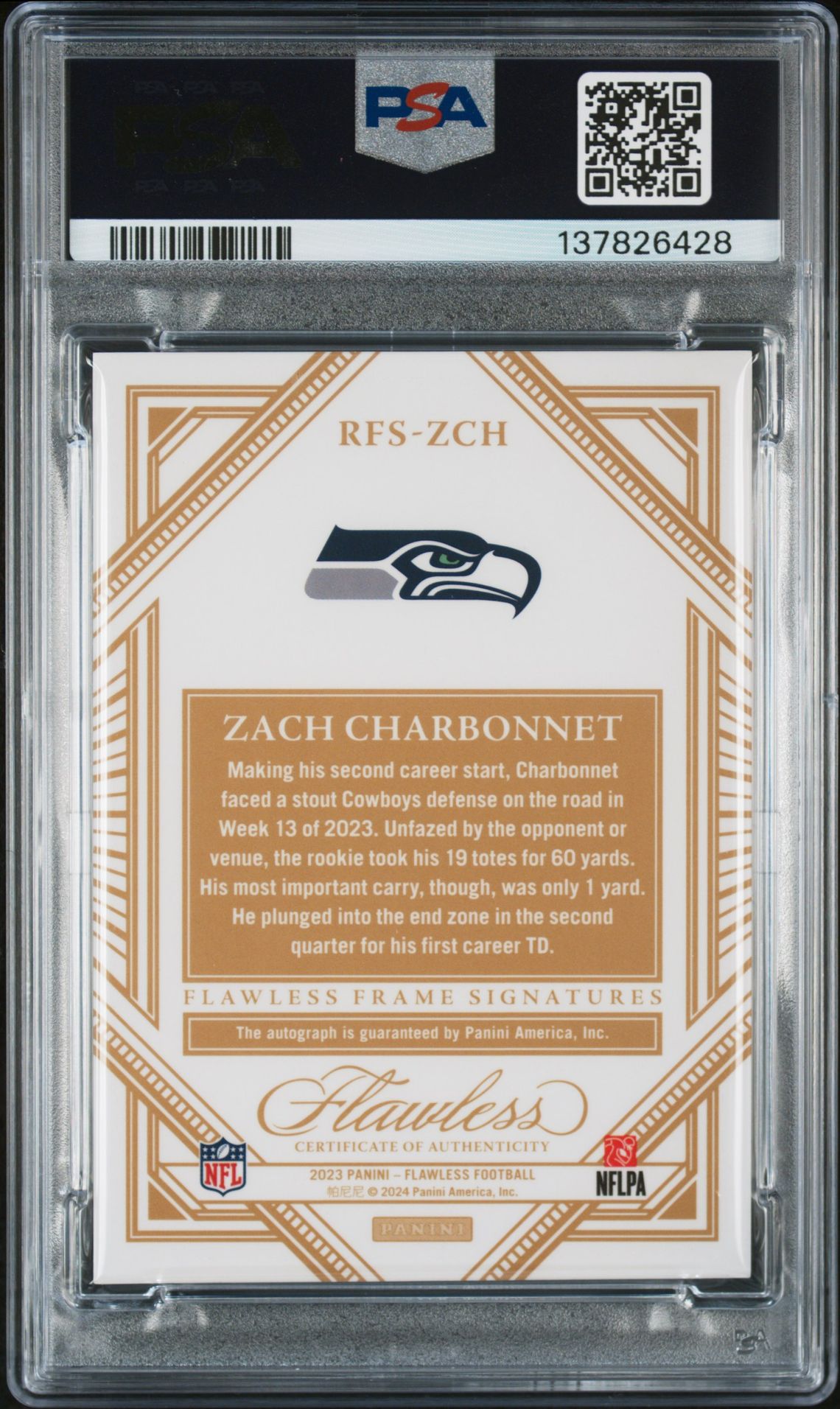 2023 Panini Flawless Rookie Frame Signatures Zach Charbonnet #Rfszch N0: Authentic back