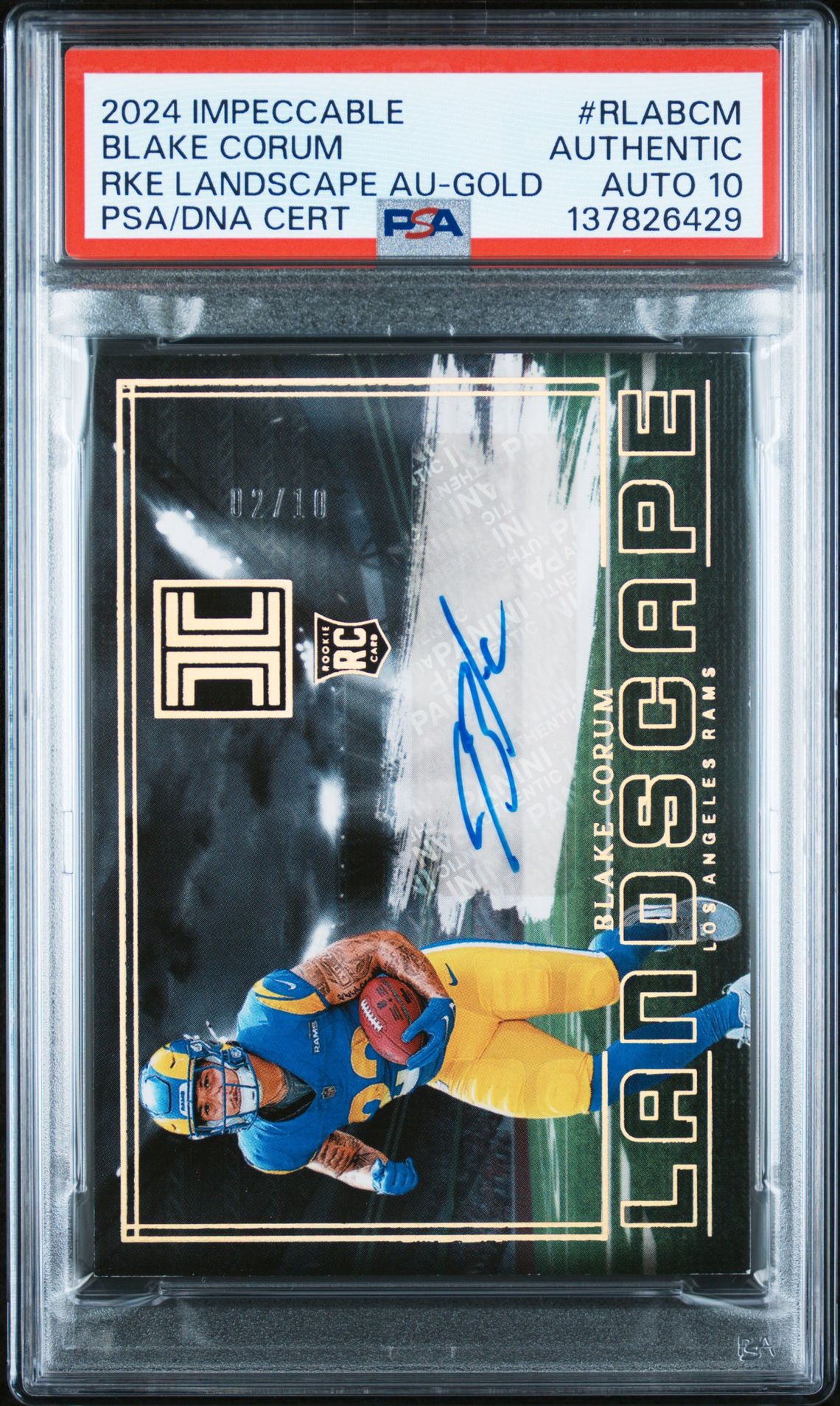 2024 Panini Impeccable Rookie Landscape Autographs Blake Corum #Rlabcm (Rke Landscape Au-Gold) N0: Authentic front