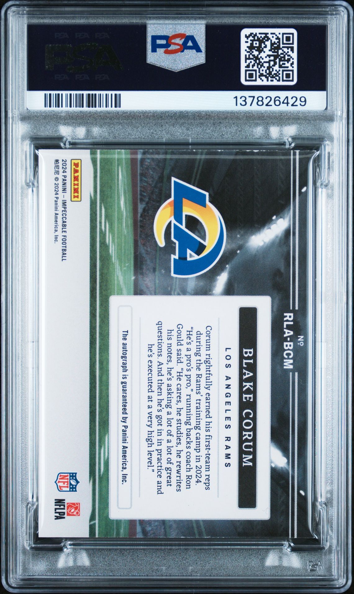 2024 Panini Impeccable Rookie Landscape Autographs Blake Corum #Rlabcm (Rke Landscape Au-Gold) N0: Authentic back
