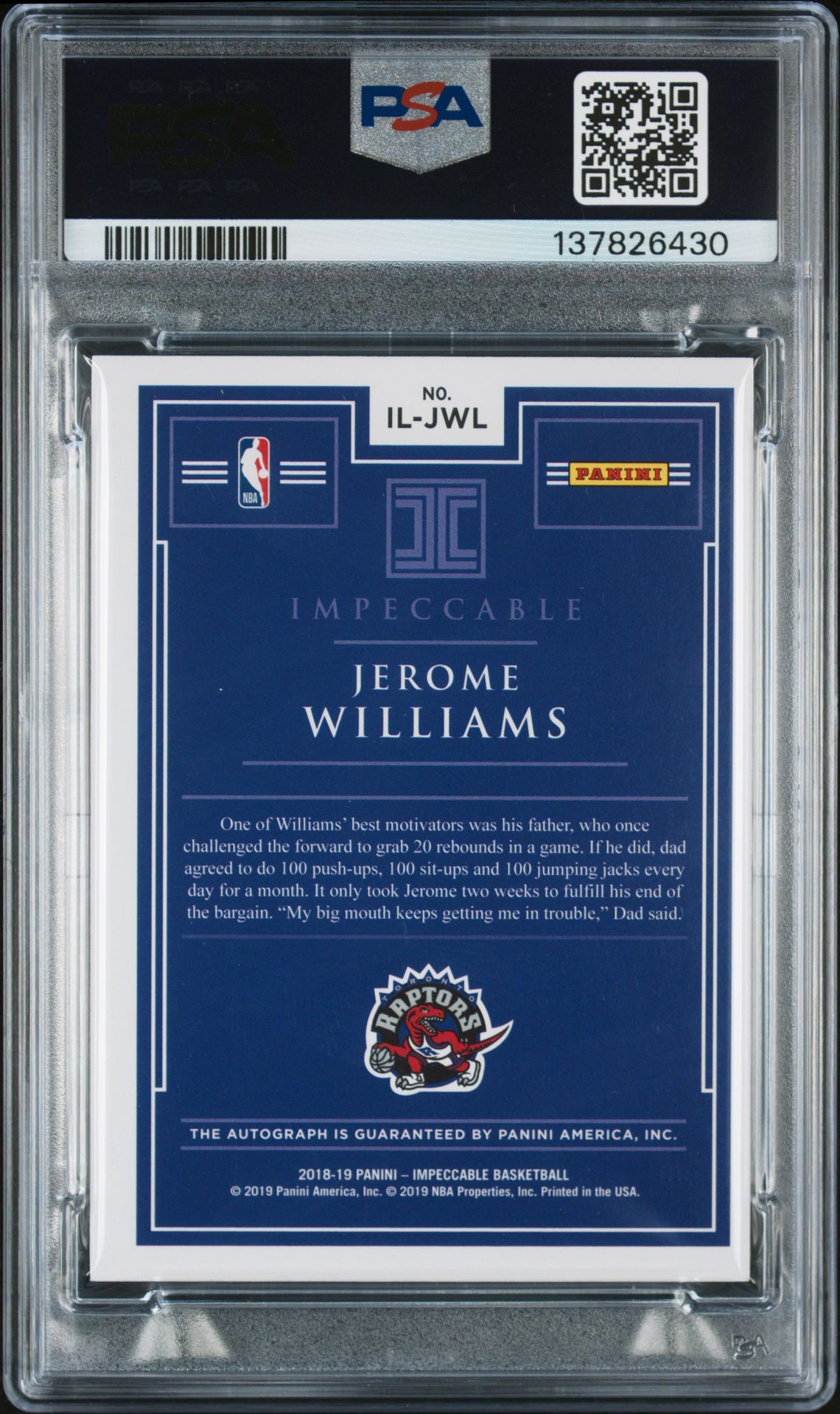 2018 Panini Impeccable Illustrious Ink Jerome Williams #Jwl (Illustrious Ink-Hl Gold) N0: Authentic back