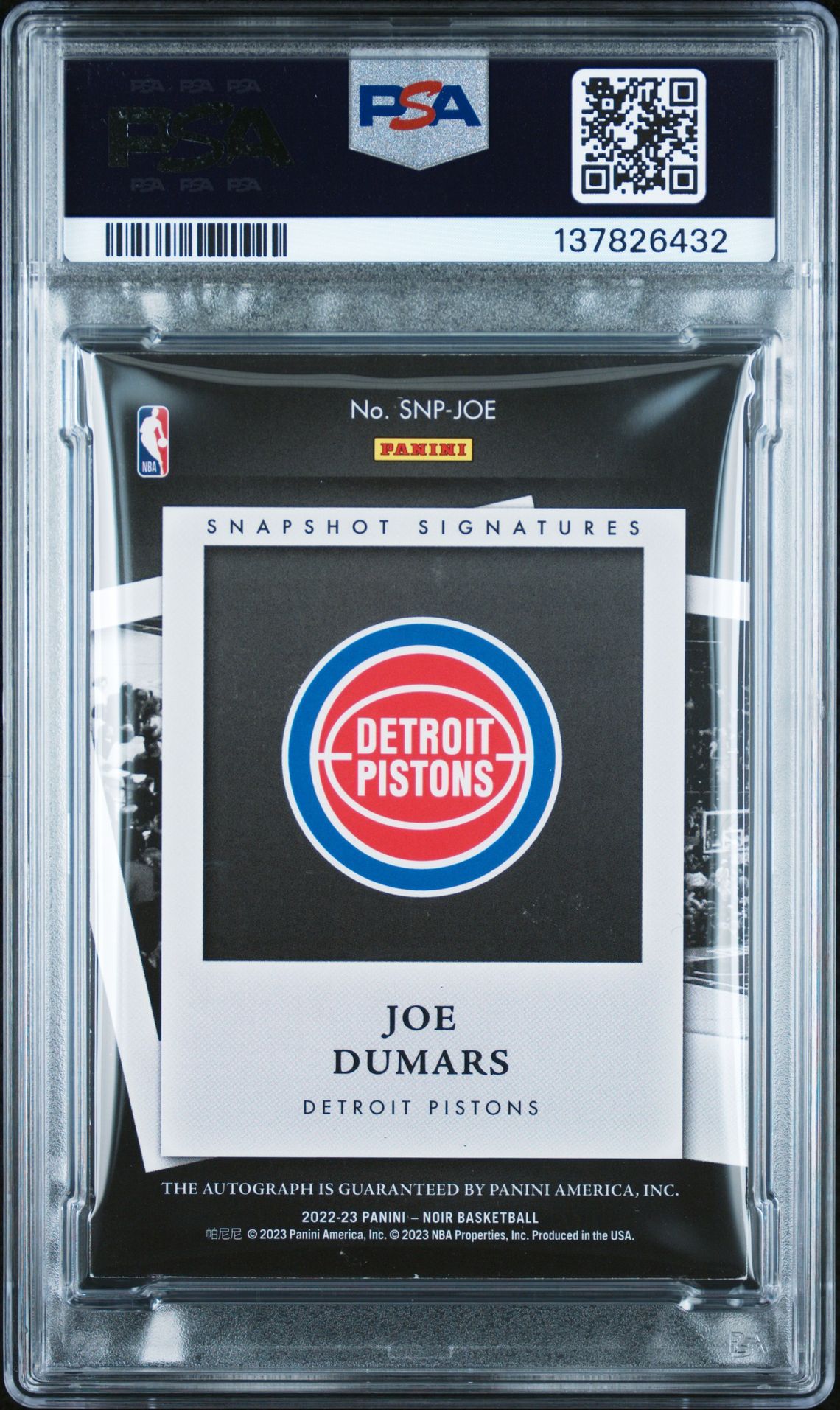 2022 Panini Noir Snapshot Signatures Joe Dumars #Snpjoe (Snapshot Sig-Gold) N0: Authentic back