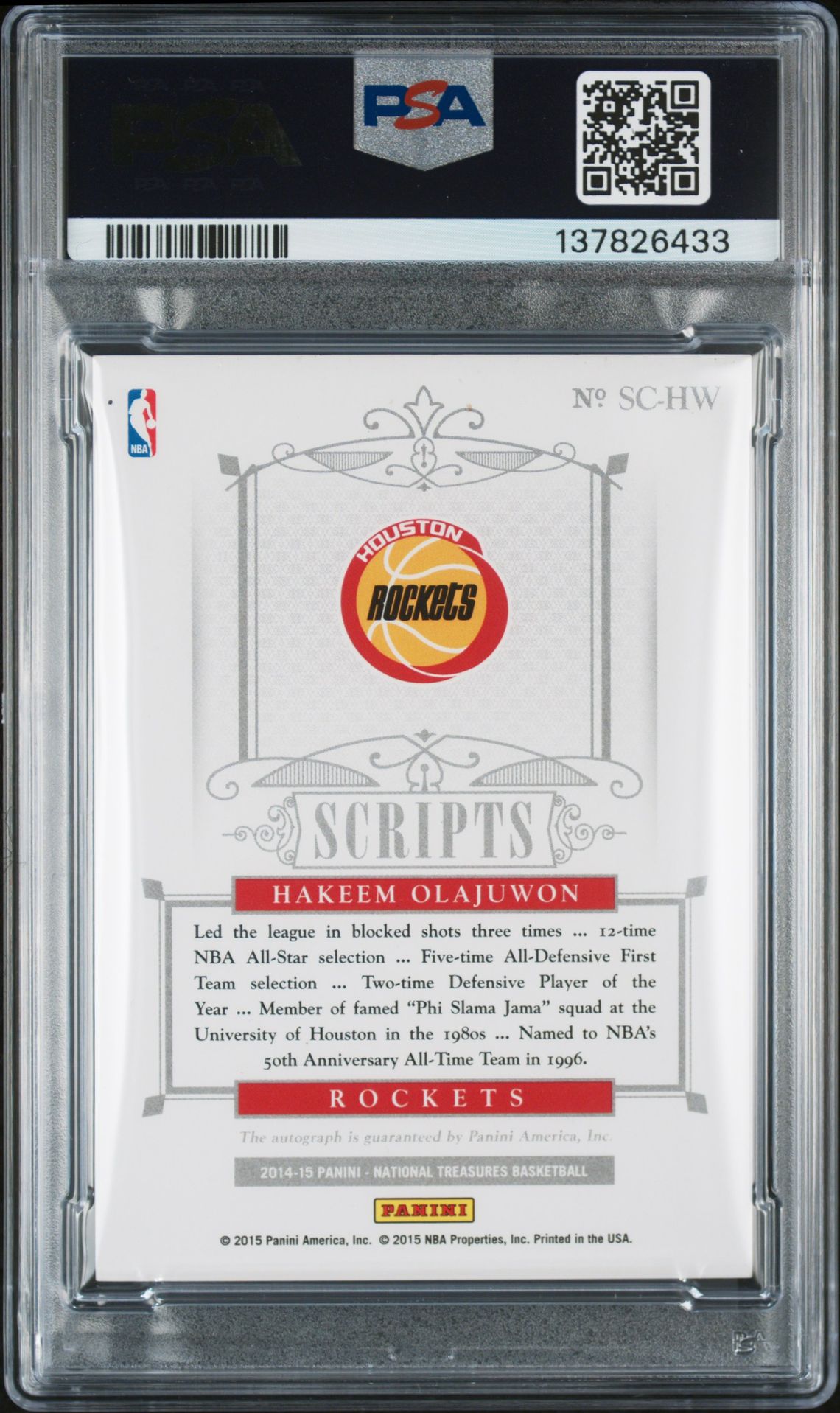 2014 Panini National Treasures Scripts Signature Hakeem Olajuwon #Sc-Hw (Scripts Sig-Gold Proof) N0: Authentic back