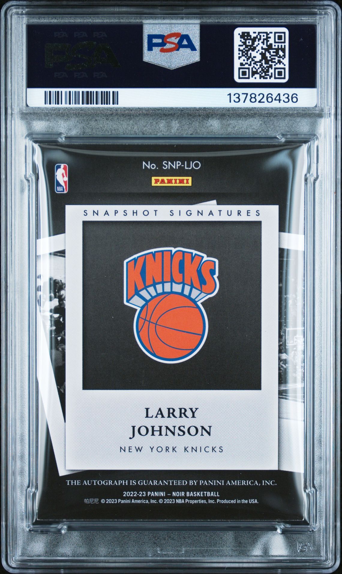 2022 Panini Noir Snapshot Signatures Larry Johnson #Snpljo (Snapshot Sig-Gold) N0: Authentic back
