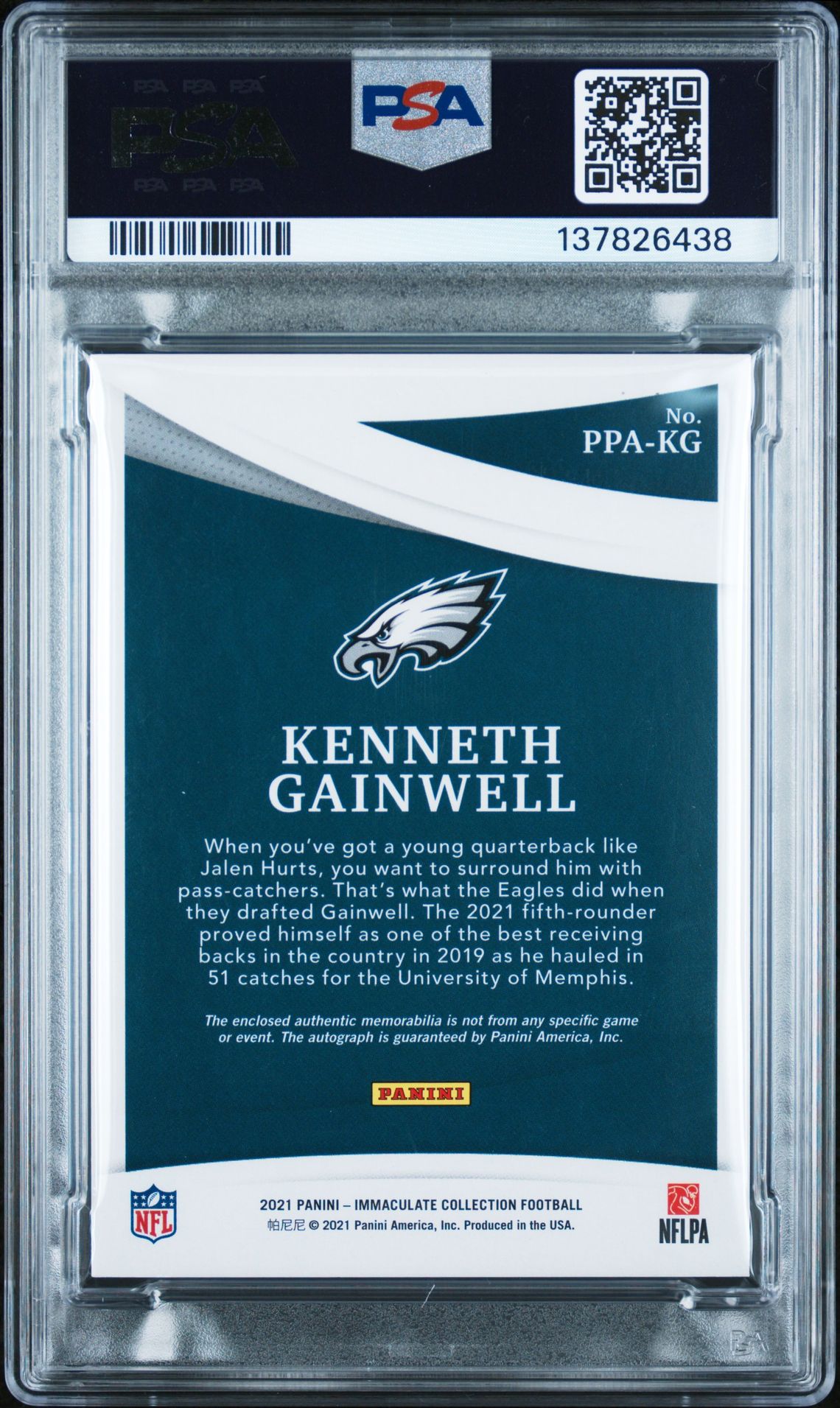 2021 Panini Immaculate Collection Premium Patch Rookie Autographs Kenneth Gainwell #Ppakg (Prem.patch Rke Au-Gold) N0: Authentic back