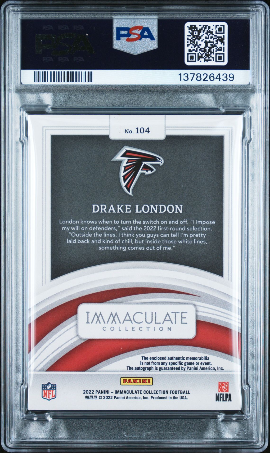 2022 Panini Immaculate Collection Drake London #104 (Patch Autograph-Gold) N0: Authentic back