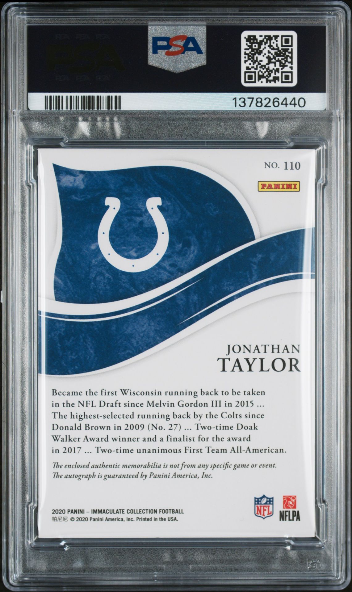 2020 Panini Immaculate Collection Jonathan Taylor #110 (Patch Auto-Gold) N0: Authentic back