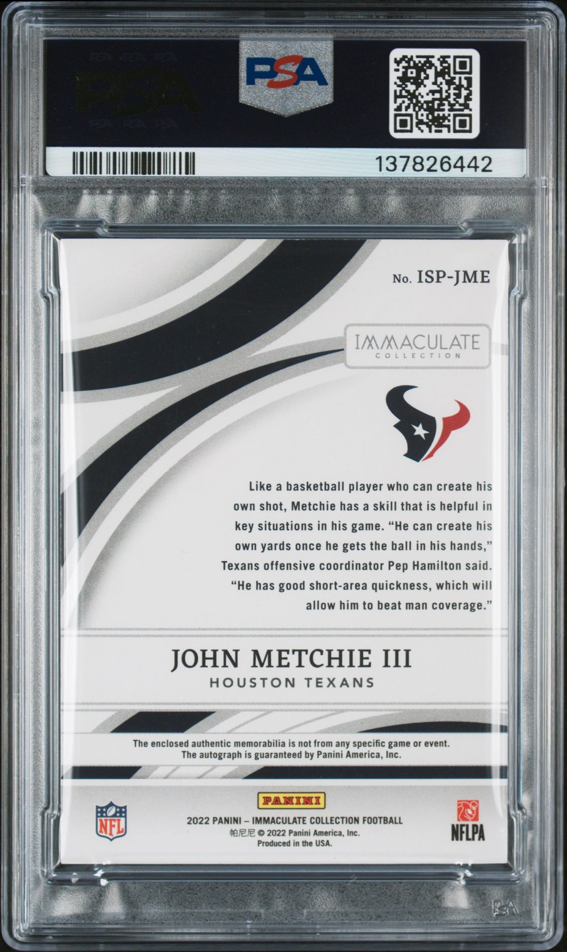 2022 Panini Immaculate Collection Immaculate Signature Patches Rookie John Metchie Iii #Ispjme (Immclt Sig Pt Rk-Gold) N0: Authentic back