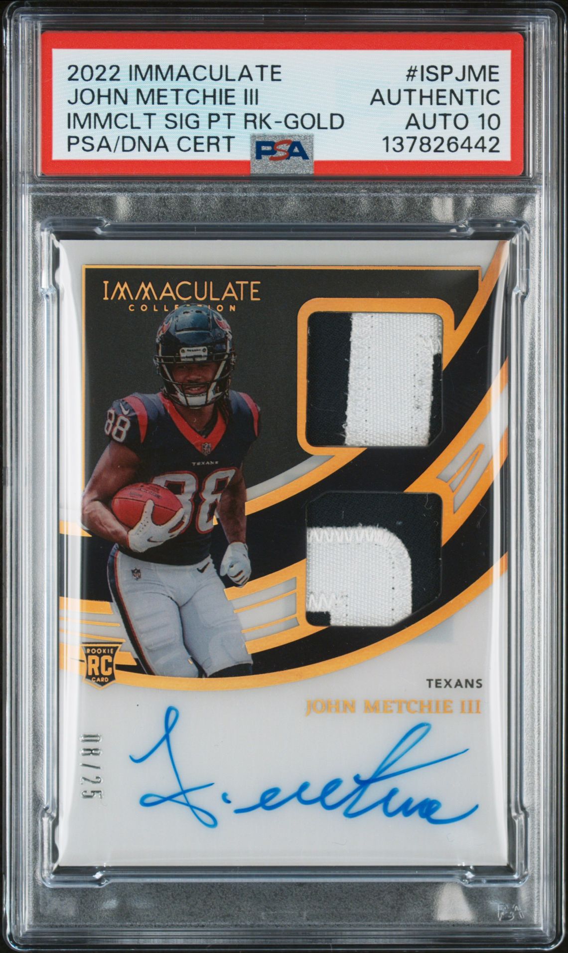 2022 Panini Immaculate Collection Immaculate Signature Patches Rookie John Metchie Iii #Ispjme (Immclt Sig Pt Rk-Gold) N0: Authentic front