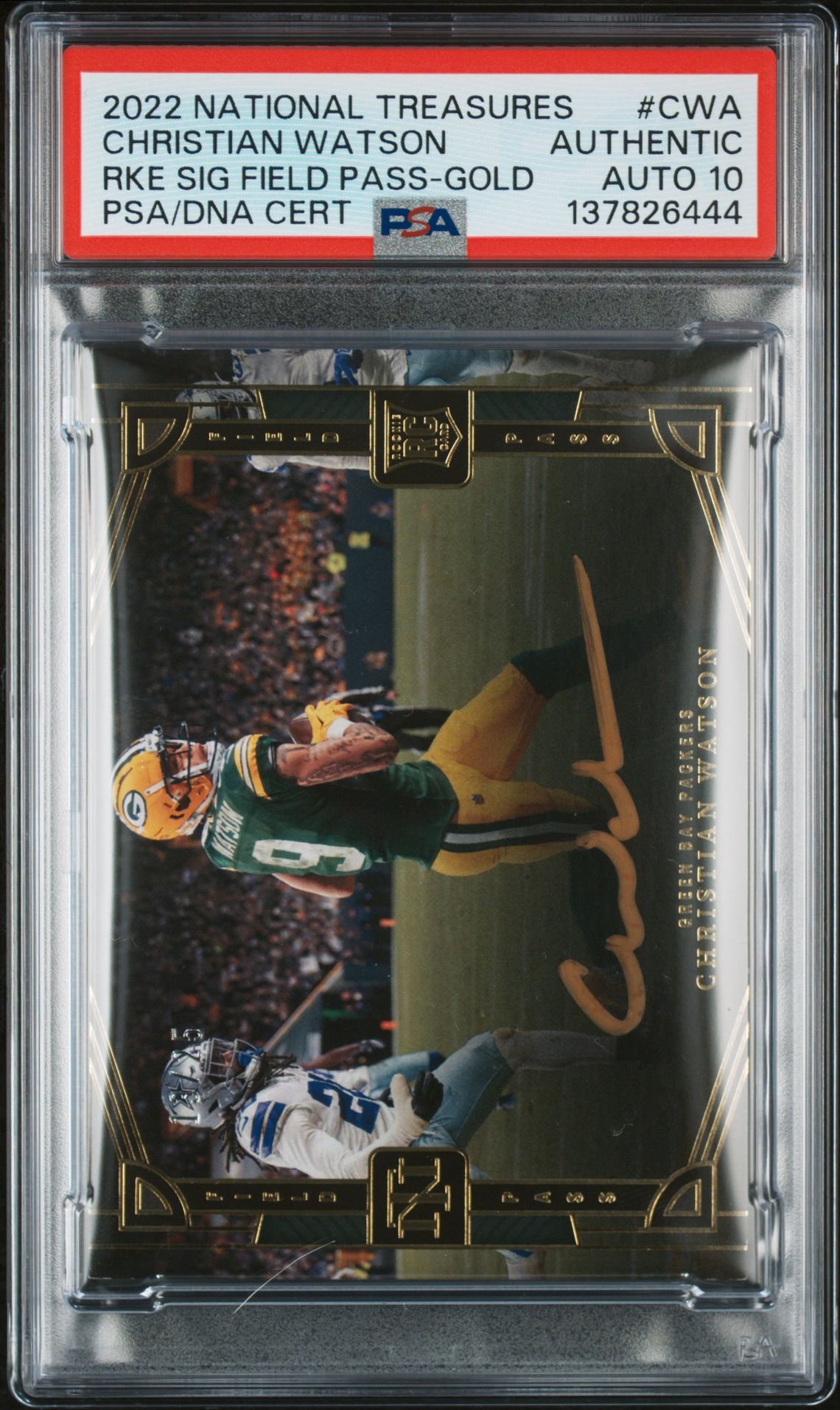 2022 Panini National Treasures Rookie Signature Field Pass Christian Watson #Cwa (Rke Sig Field Pass-Gold) N0: Authentic front