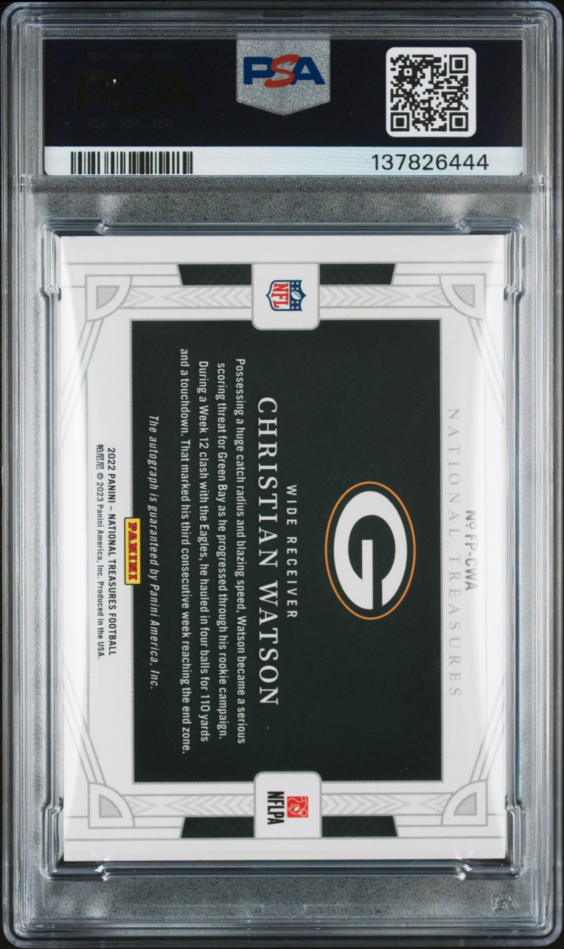 2022 Panini National Treasures Rookie Signature Field Pass Christian Watson #Cwa (Rke Sig Field Pass-Gold) N0: Authentic back