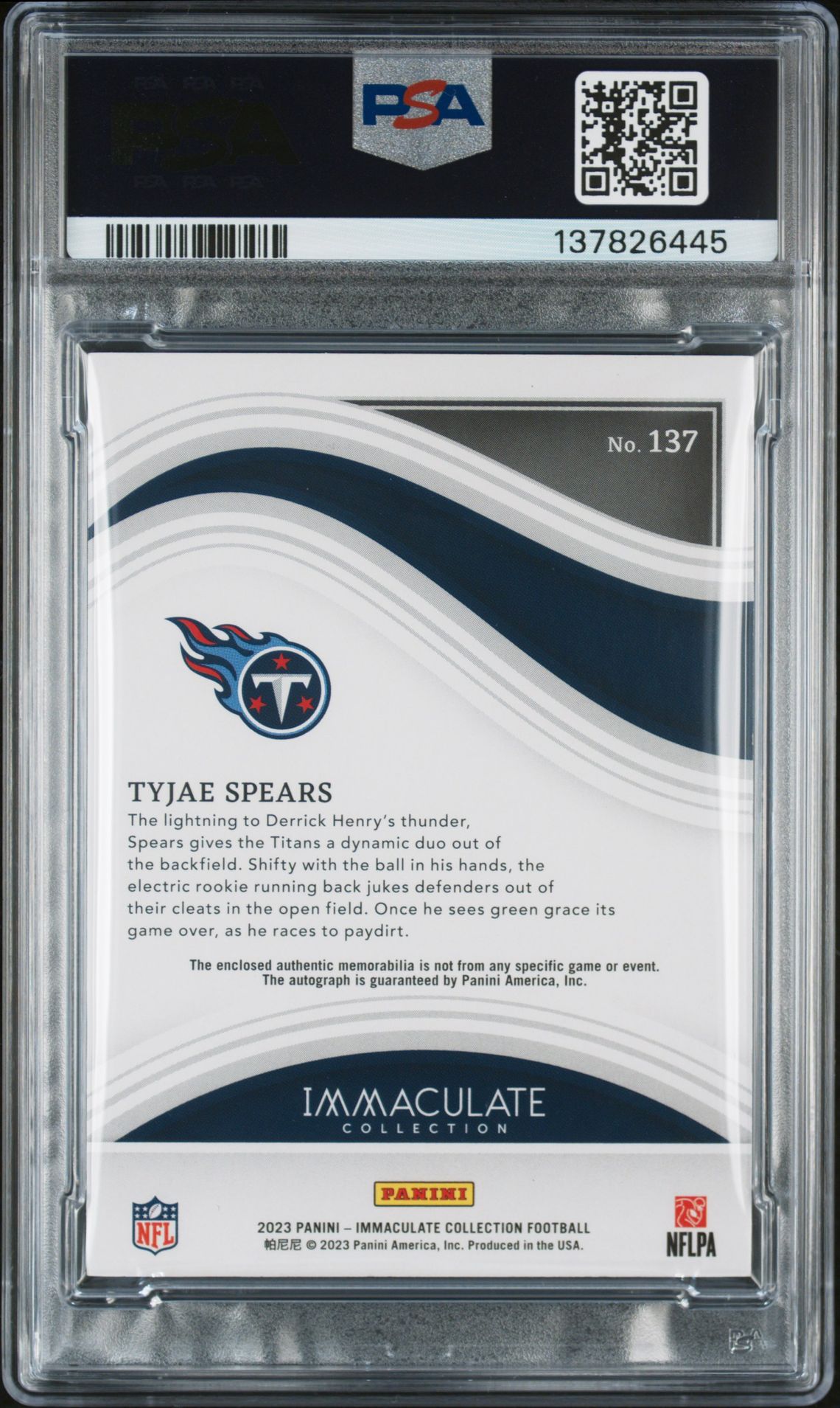 2023 Panini Immaculate Collection Tyjae Spears #137 (Patch Autograph-Gold) N0: Authentic back