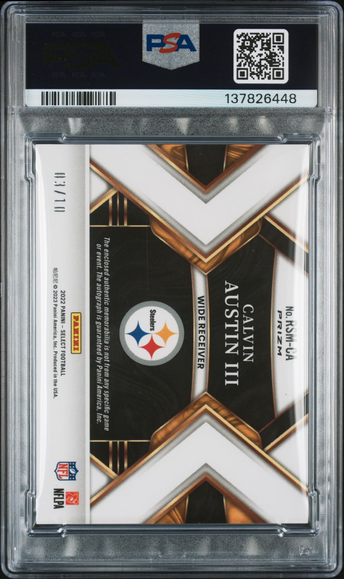 2022 Panini Select Rookie Signature Memorabilia Calvin Austin Iii #Rsmca (Rk Sig Mem-Gold Dsc Prz) N0: Authentic back