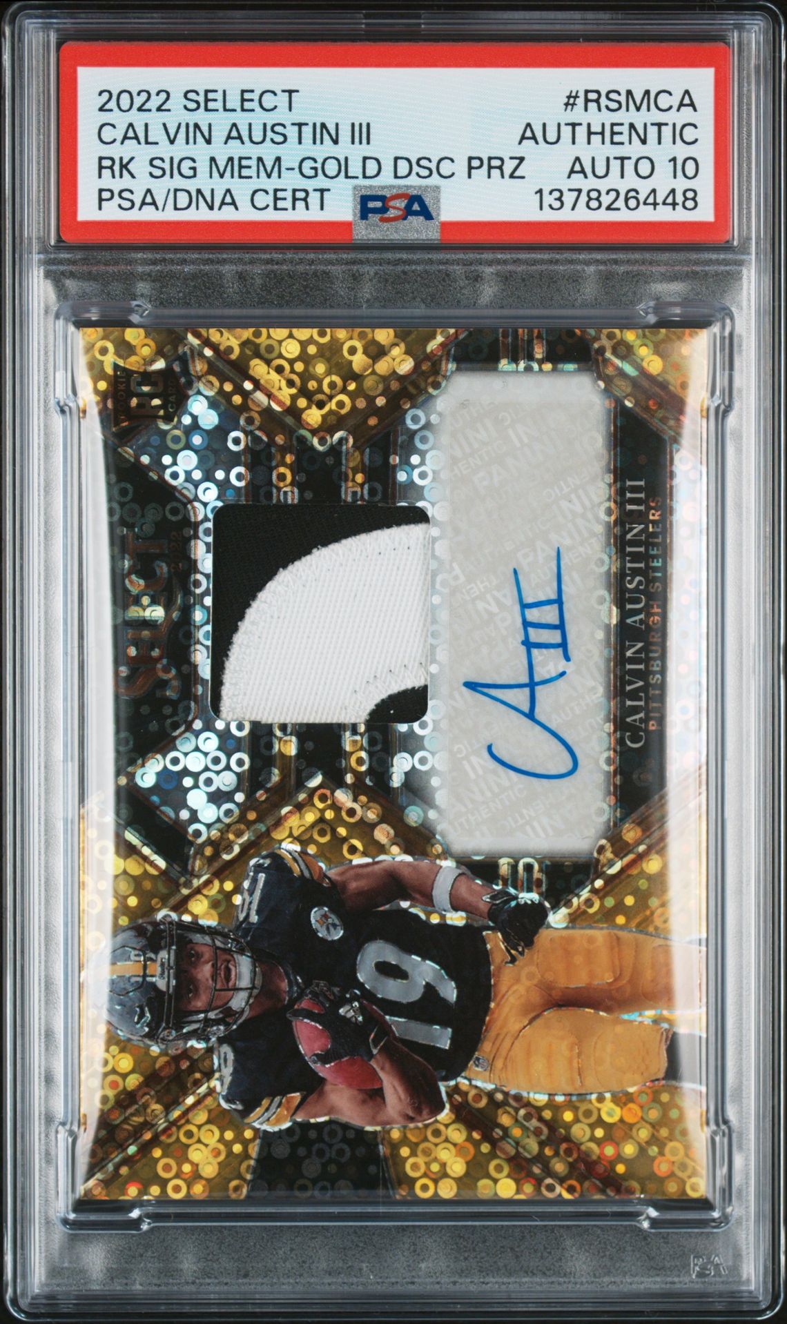 2022 Panini Select Rookie Signature Memorabilia Calvin Austin Iii #Rsmca (Rk Sig Mem-Gold Dsc Prz) N0: Authentic front