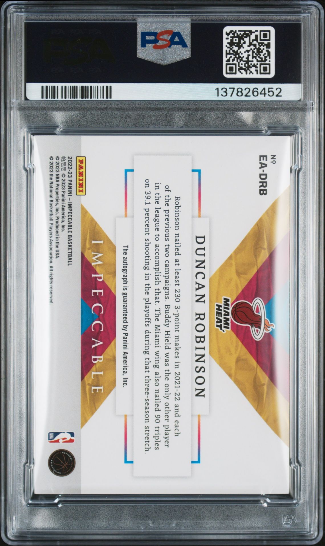 2023 Panini Impeccable Update Duncan Robinson #Eadrb (Upd-'22 Extr Au-Hl Gold) N0: Authentic back