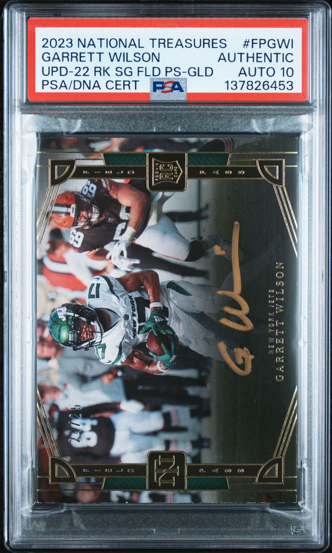 2023 Panini National Treasures Update Garrett Wilson #Fpgwi (Upd-22 Rk Sg Fld Ps-Gld) N0: Authentic front