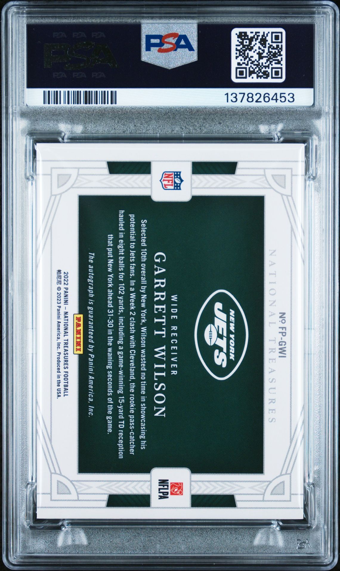 2023 Panini National Treasures Update Garrett Wilson #Fpgwi (Upd-22 Rk Sg Fld Ps-Gld) N0: Authentic back