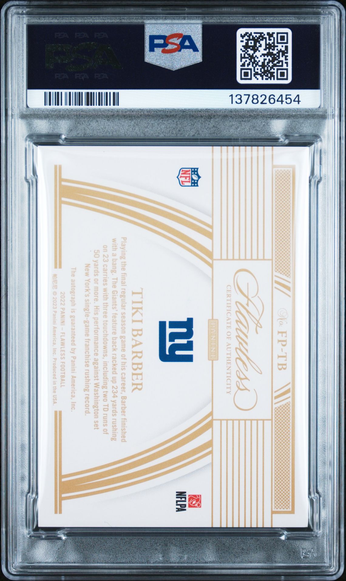 2022 Panini Flawless Flawless Performances Autographs Tiki Barber #Fptb (Performances Auto) N0: Authentic back