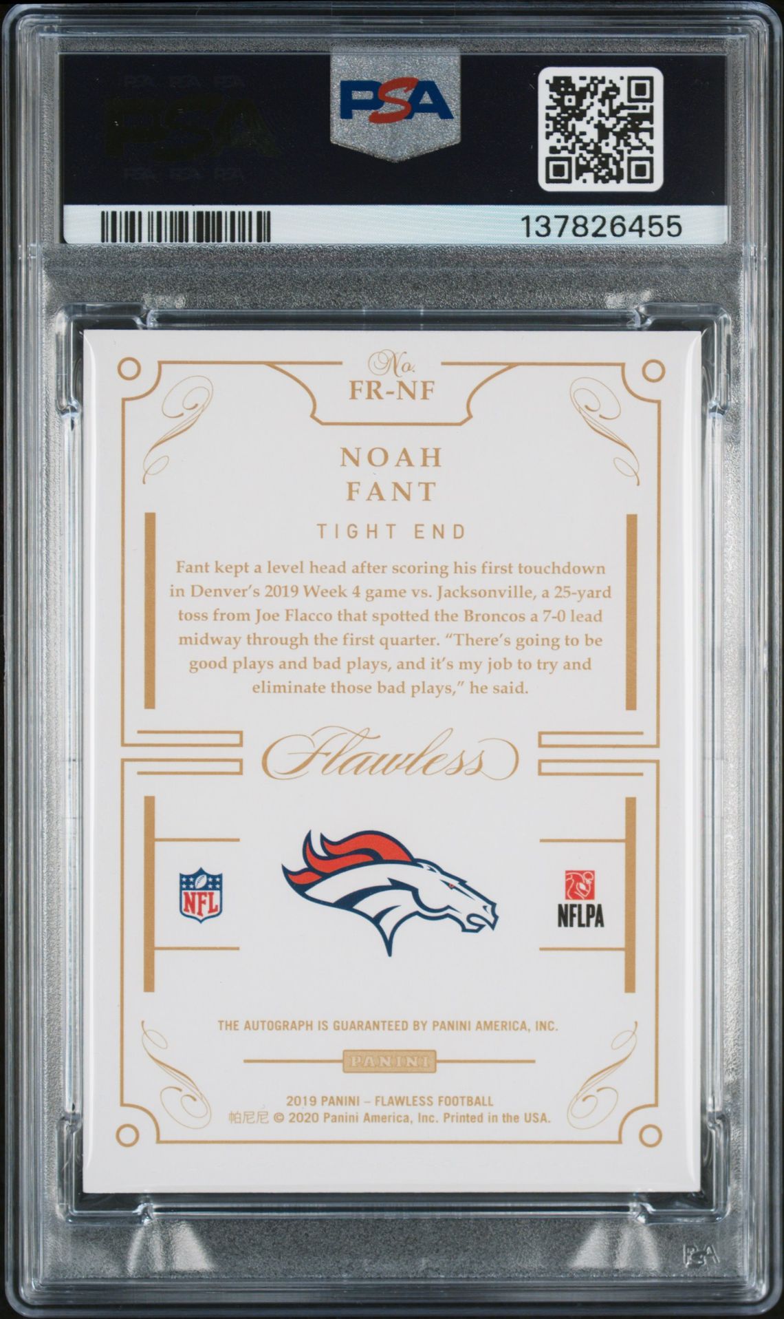 2019 Panini Flawless Rookie Signatures Noah Fant #Fr-Nf (Rookie Signatures) N0: Authentic back