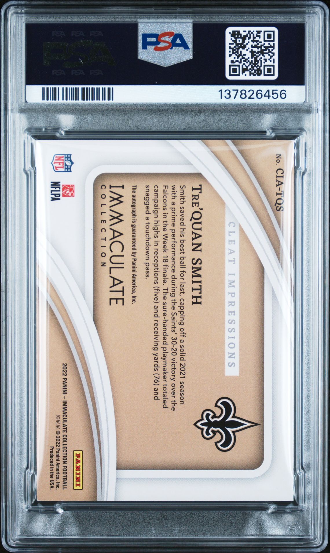 2022 Panini Immaculate Collection Cleat Impressions Autographs Tre'quan Smith #Ciatqs (Cleat Impressions Auto) N0: Authentic back