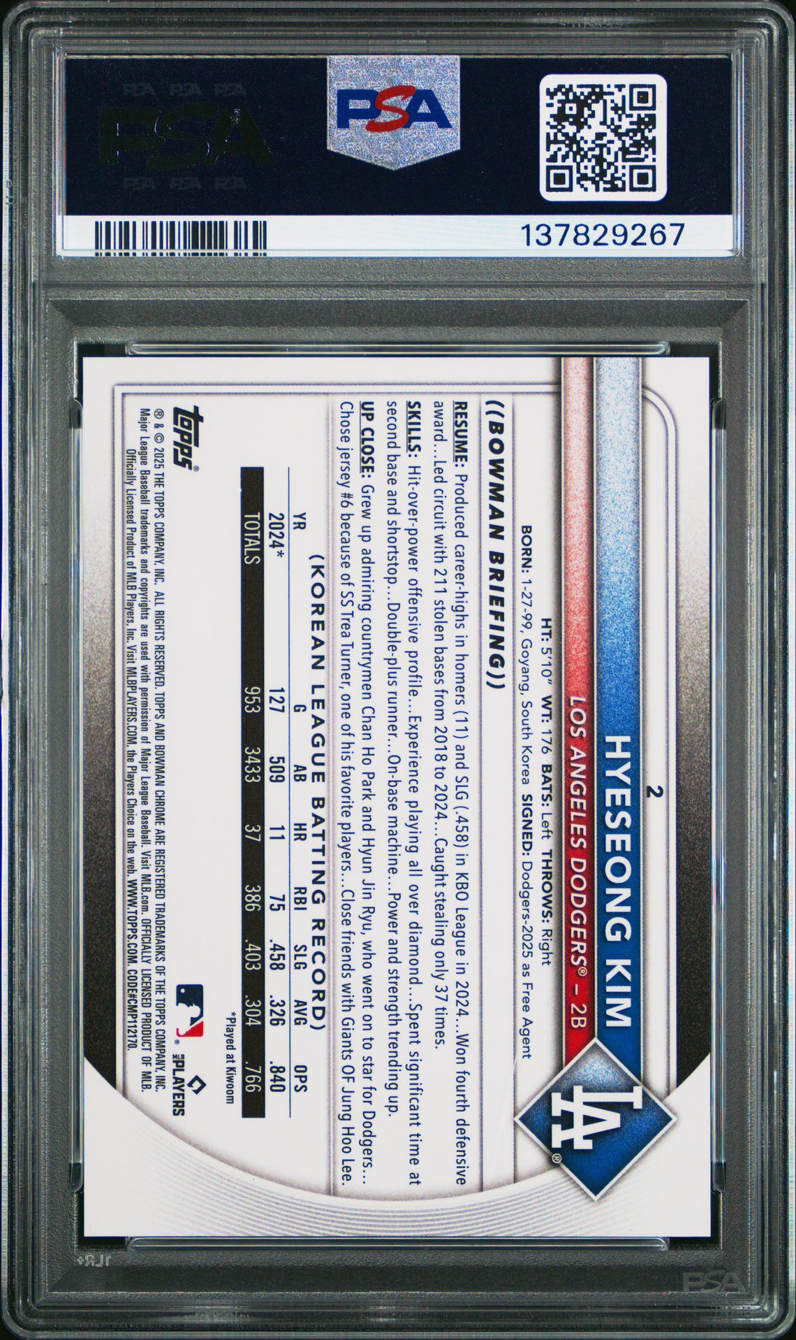 2025 Bowman Chrome Hyeseong Kim #2 (Etched In Glass Variation) Gem Mt 10 back