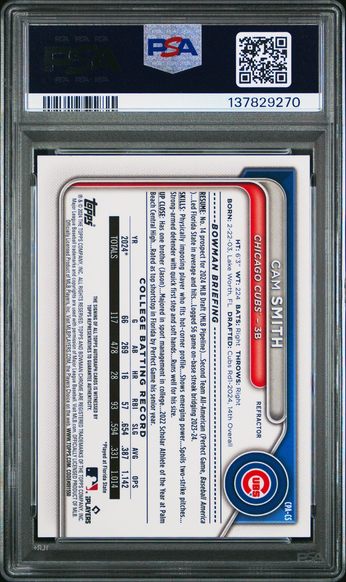 2024 Bowman Draft Chrome Prospect Autographs Cam Smith #Cpacs (Chr Prospect Au-Refractor) Gem Mt 10 back