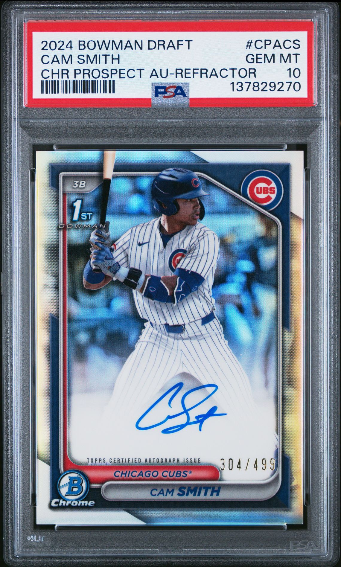 2024 Bowman Draft Chrome Prospect Autographs Cam Smith #Cpacs (Chr Prospect Au-Refractor) Gem Mt 10 front