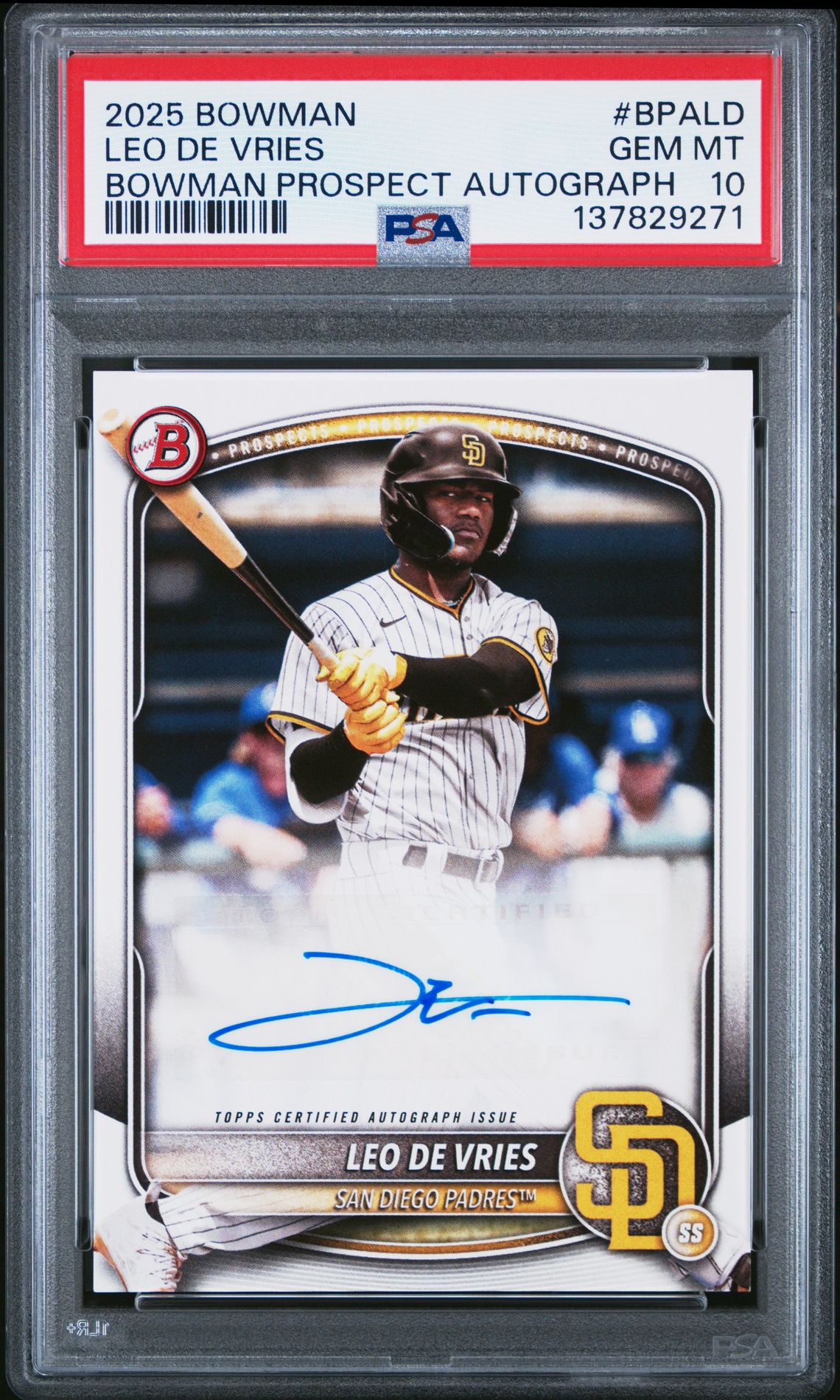 2025 Bowman Bowman Prospect Autographs Leo De Vries #Bpald Gem Mt 10 front