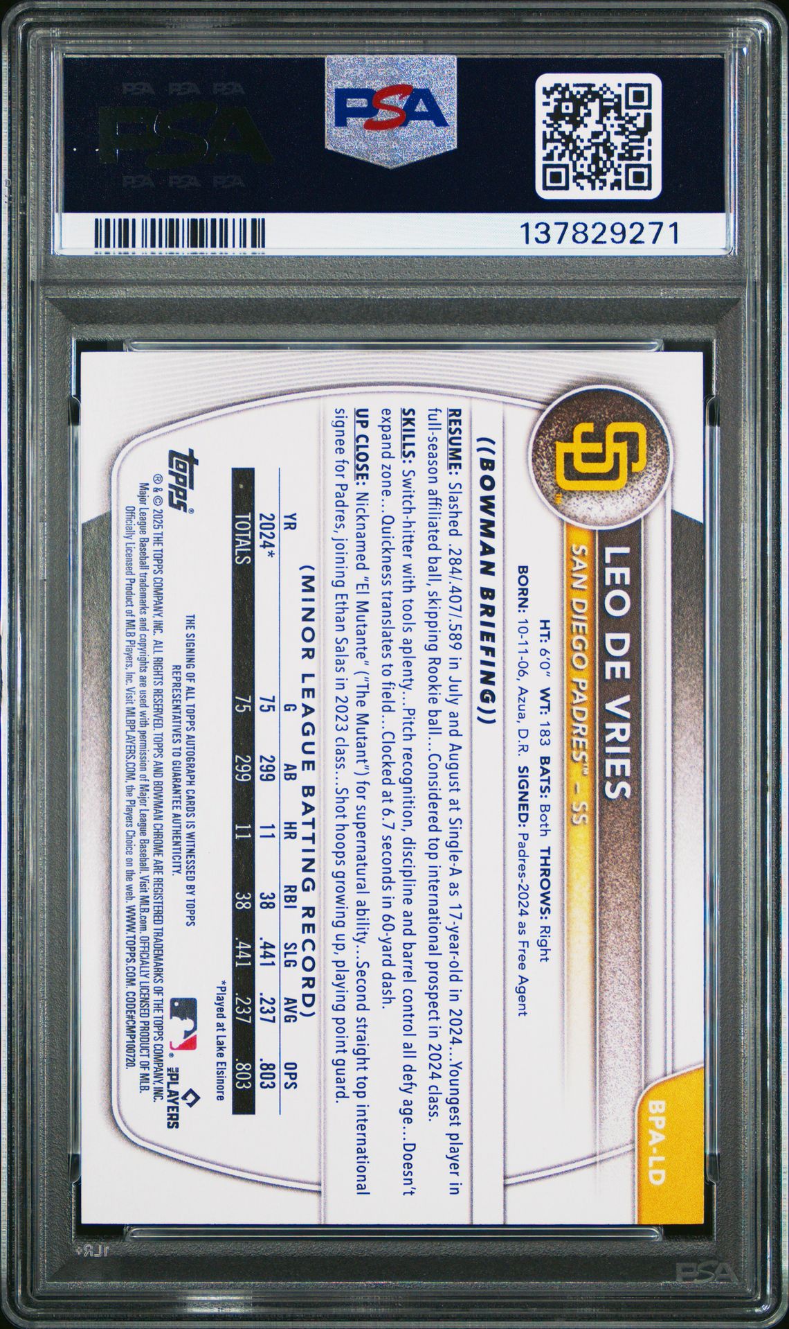 2025 Bowman Bowman Prospect Autographs Leo De Vries #Bpald Gem Mt 10 back