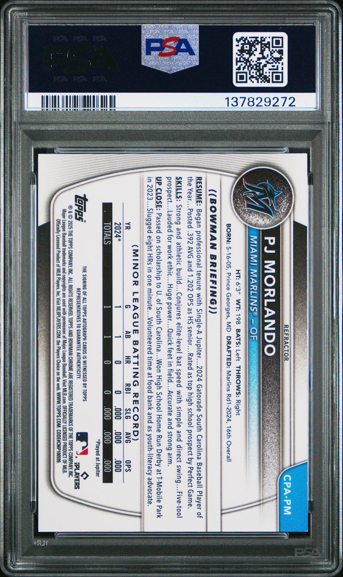 2025 Bowman Chrome Prospect Autographs Pj Morlando #Cpapm (Chrome Prospect Auto-Ref) Mint 9 back