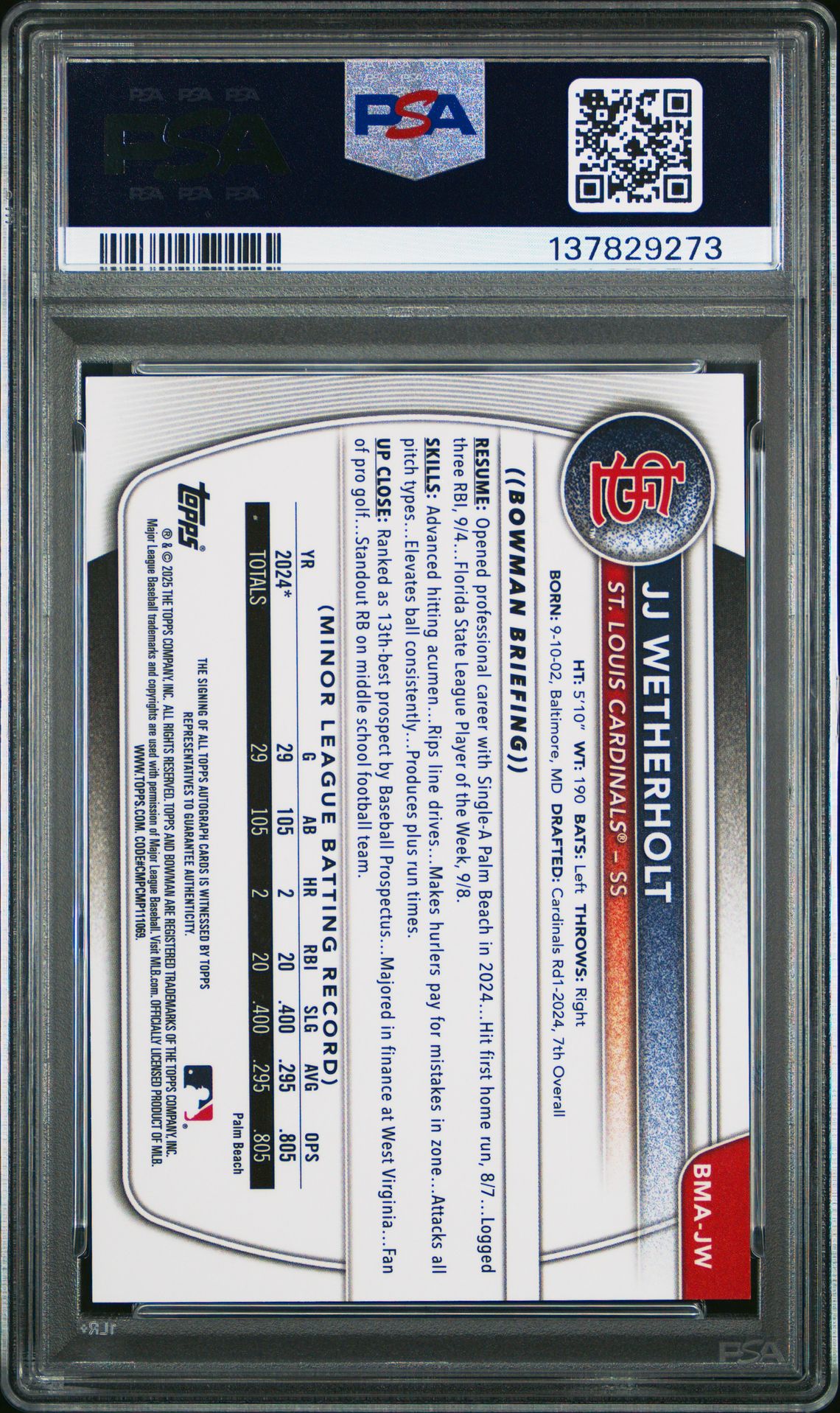 2025 Bowman Chrome Mega Box Chrome Prospects Autographs Jj Wetherholt #Jw Gem Mt 10 back