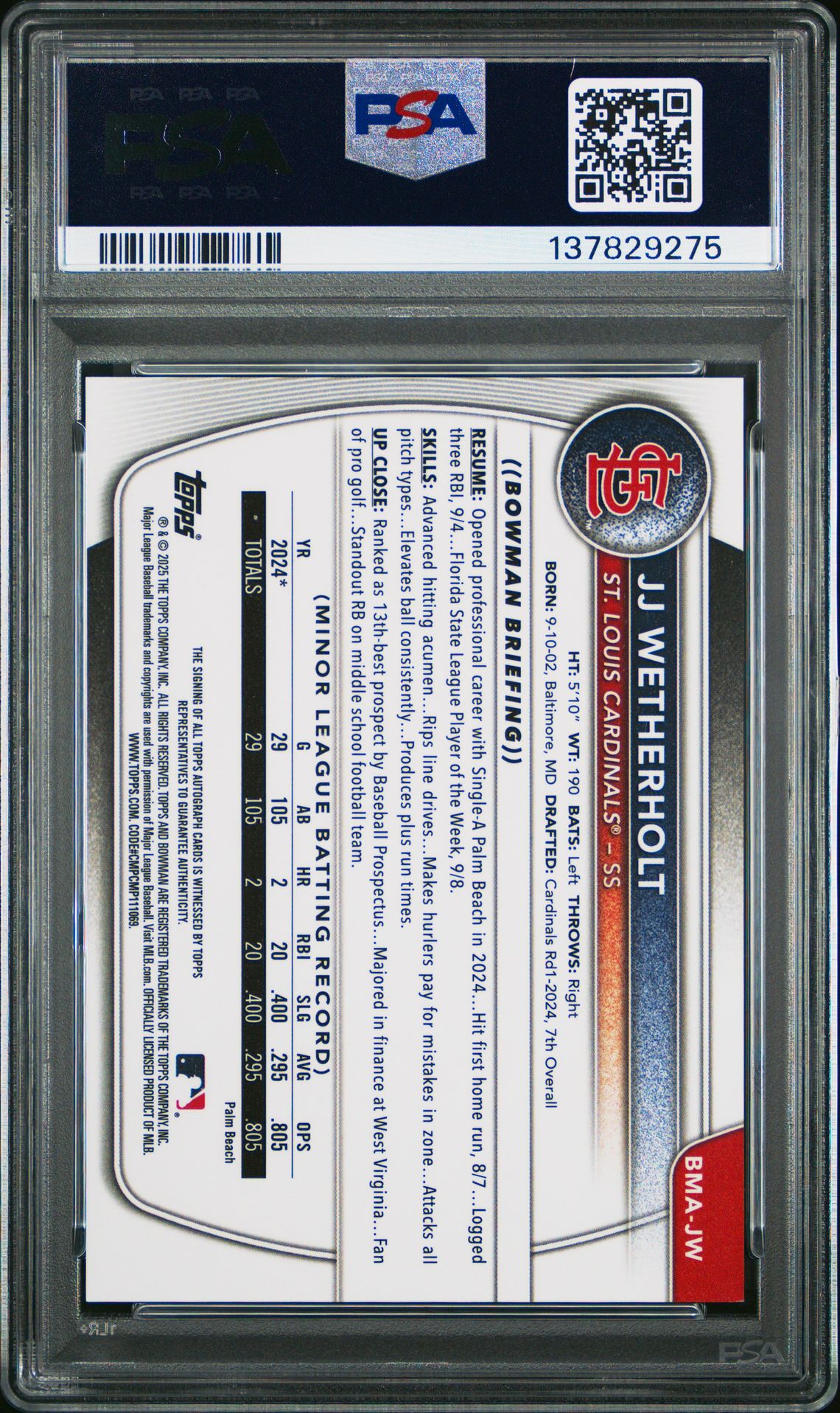 2025 Bowman Chrome Mega Box Chrome Prospects Autographs Jj Wetherholt #Jw Gem Mt 10 back