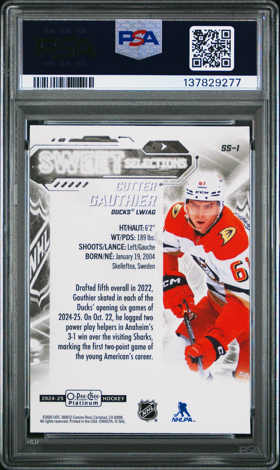 2024 Upper Deck O-Pee-Chee Platinum Sweet Selections Cutter Gauthier #Ss1 Gem Mt 10 back