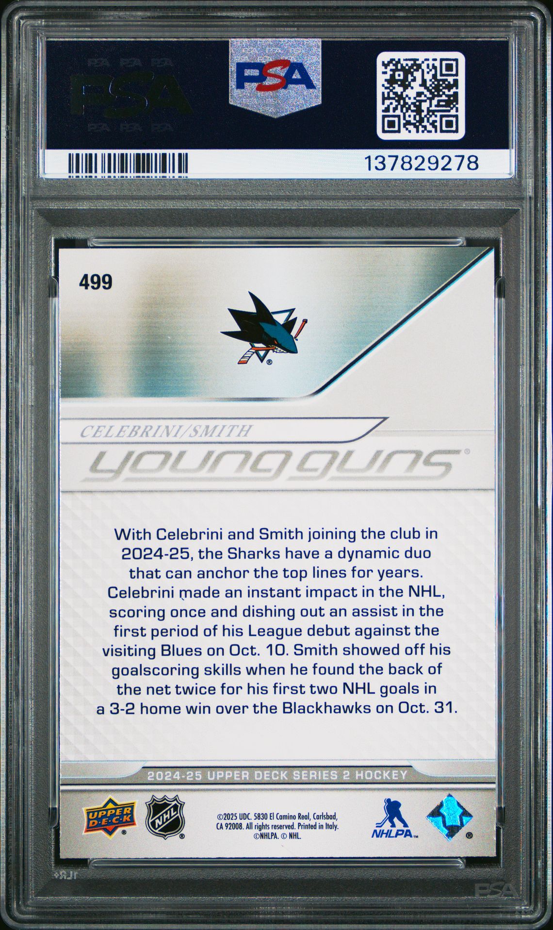 2024 Upper Deck Celebrini/Smith #499 Mint 9 back