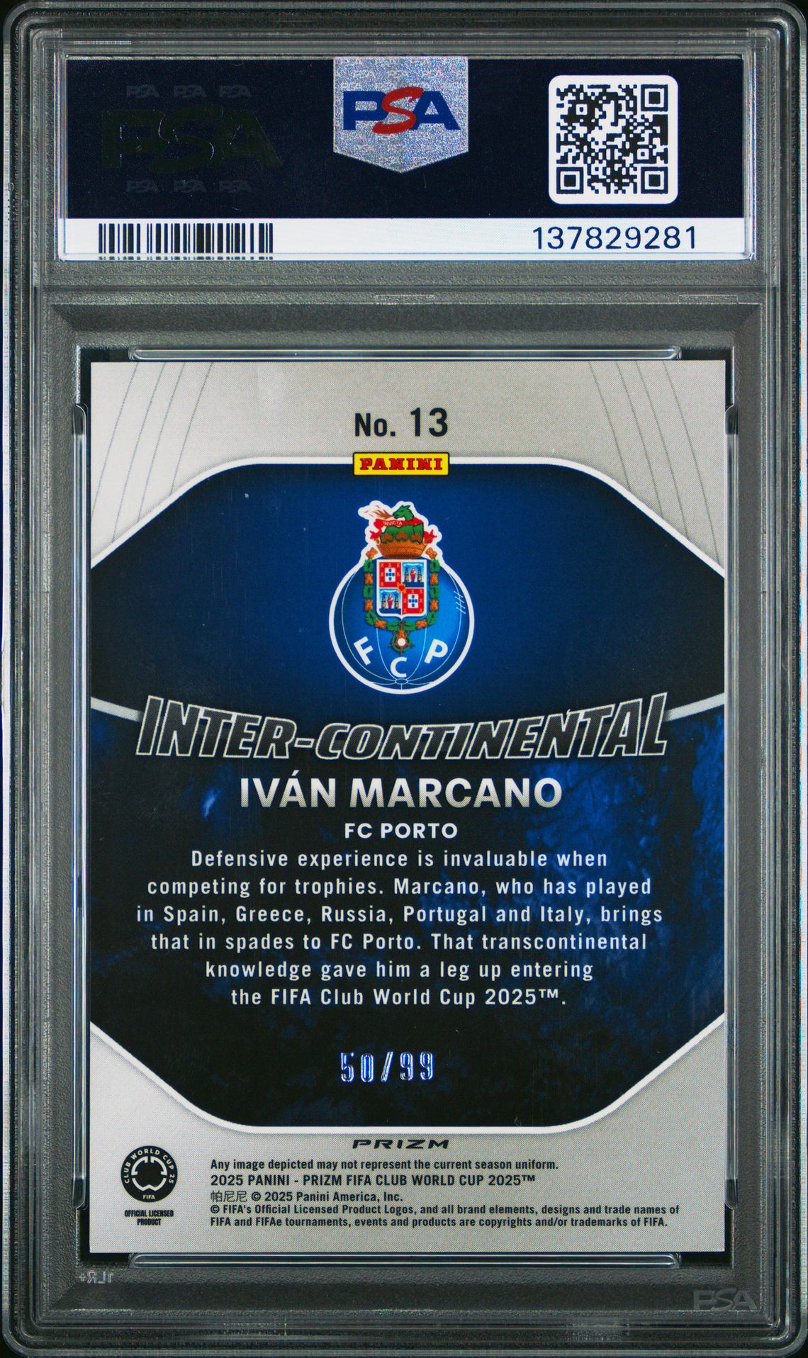 2025 Panini Prizm Fifa Club World Cup Inter-Continental Ivan Marcano #13 (Inter-Continental-Blue Ice) Gem Mt 10 back
