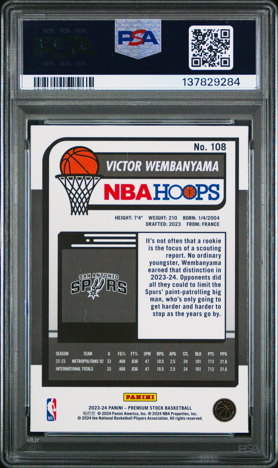 2023 Panini Hoops Premium Stock Victor Wembanyama #108 Nm-Mt 8 back