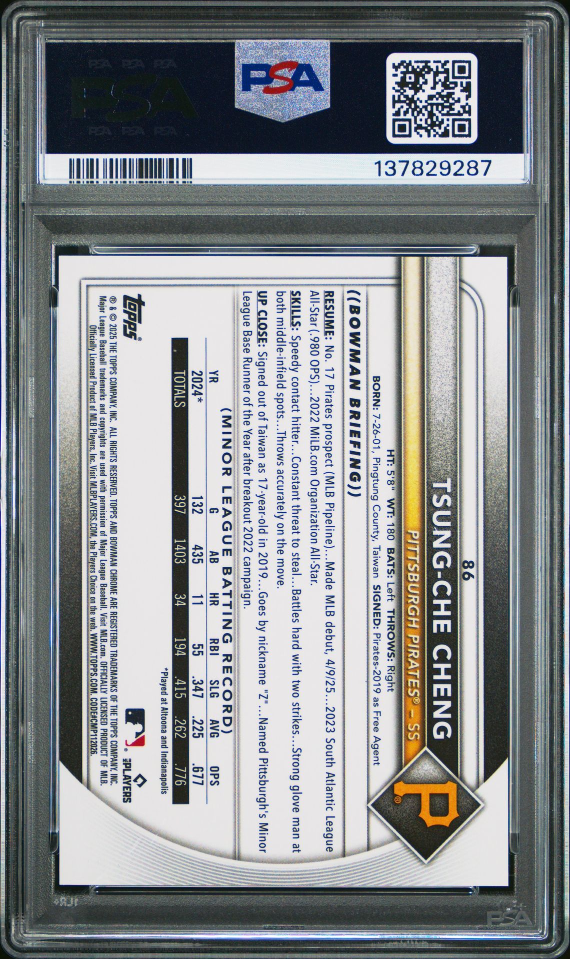 2025 Bowman Chrome Tsung-Che Cheng #86 (Black Refractor) Gem Mt 10 back