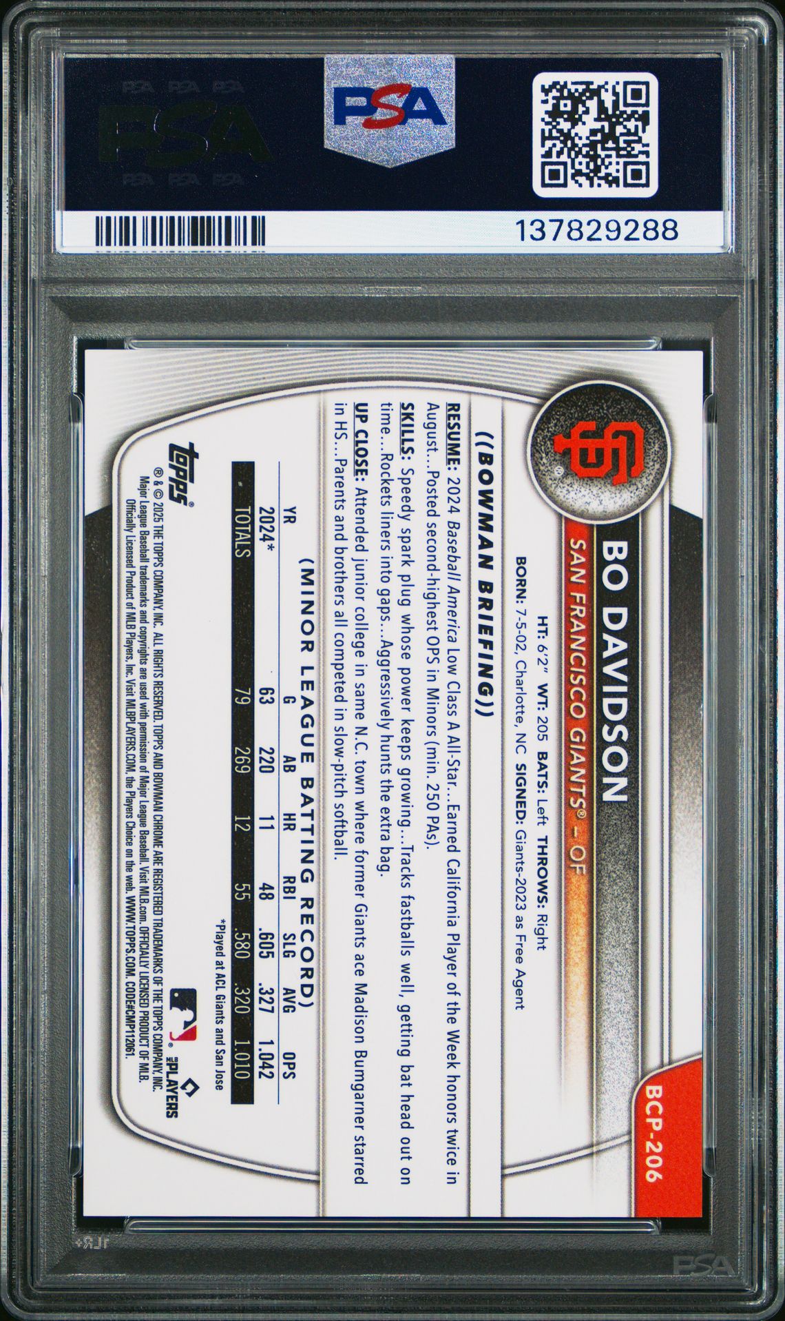 2025 Bowman Chrome Prospects Bo Davidson #Bcp206 (Prospects-Orange Ref) Gem Mt 10 back