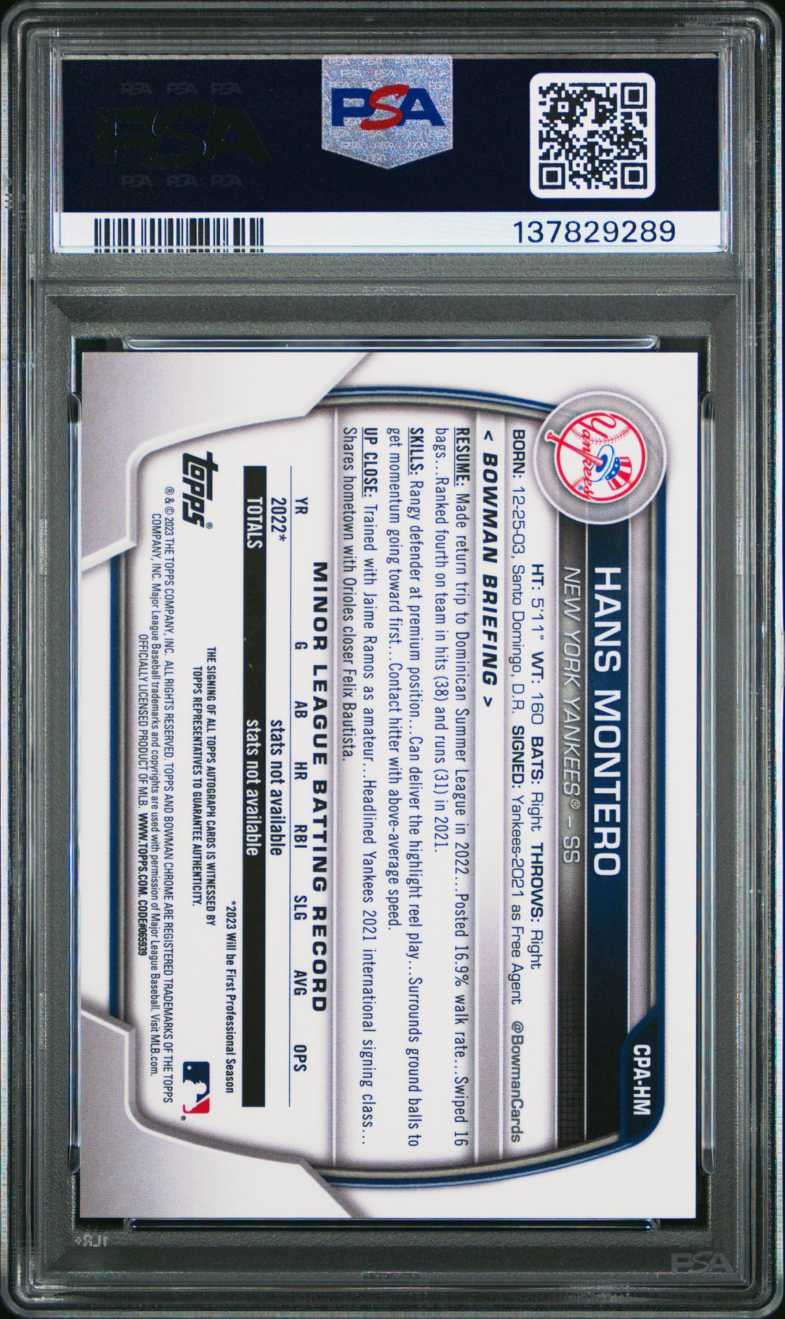 2023 Bowman Chrome Prospect Autographs Hans Montero #Cpahm (Prospect Autograph) Gem Mt 10 back